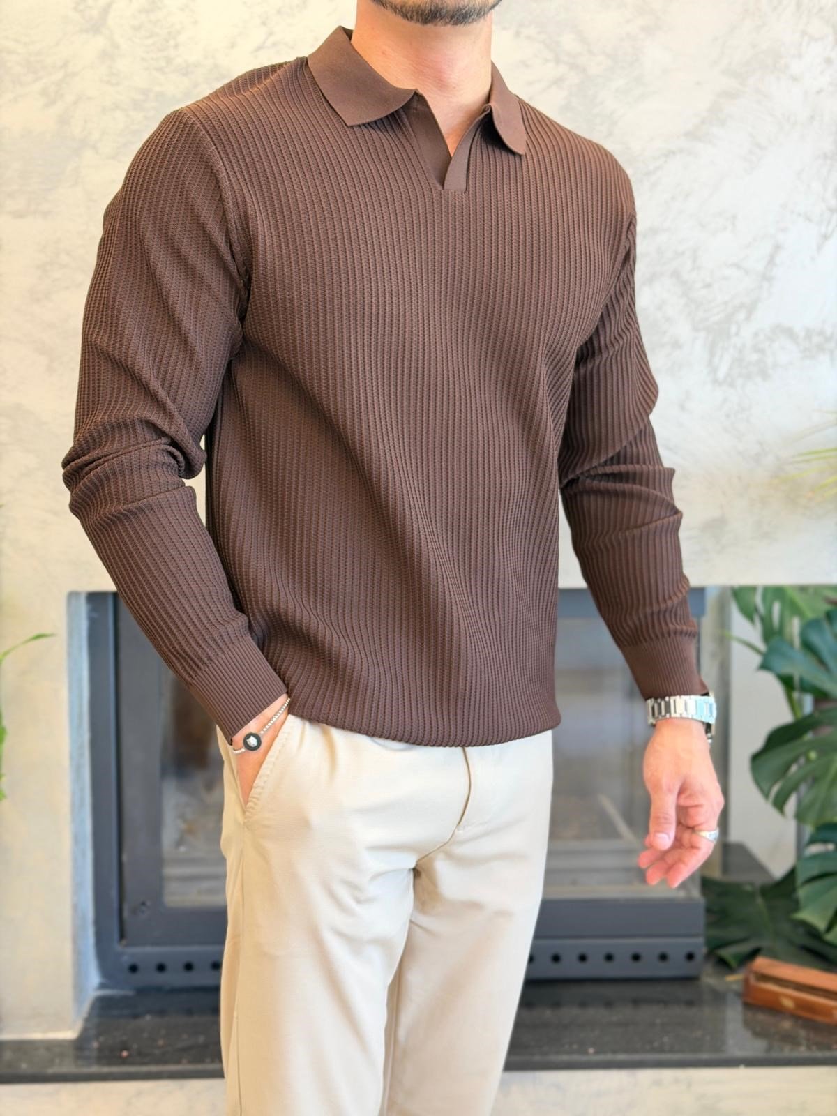 Erkek Relaxed Fit  Kapamasız Polo Kazak Acı Kahve Eca092