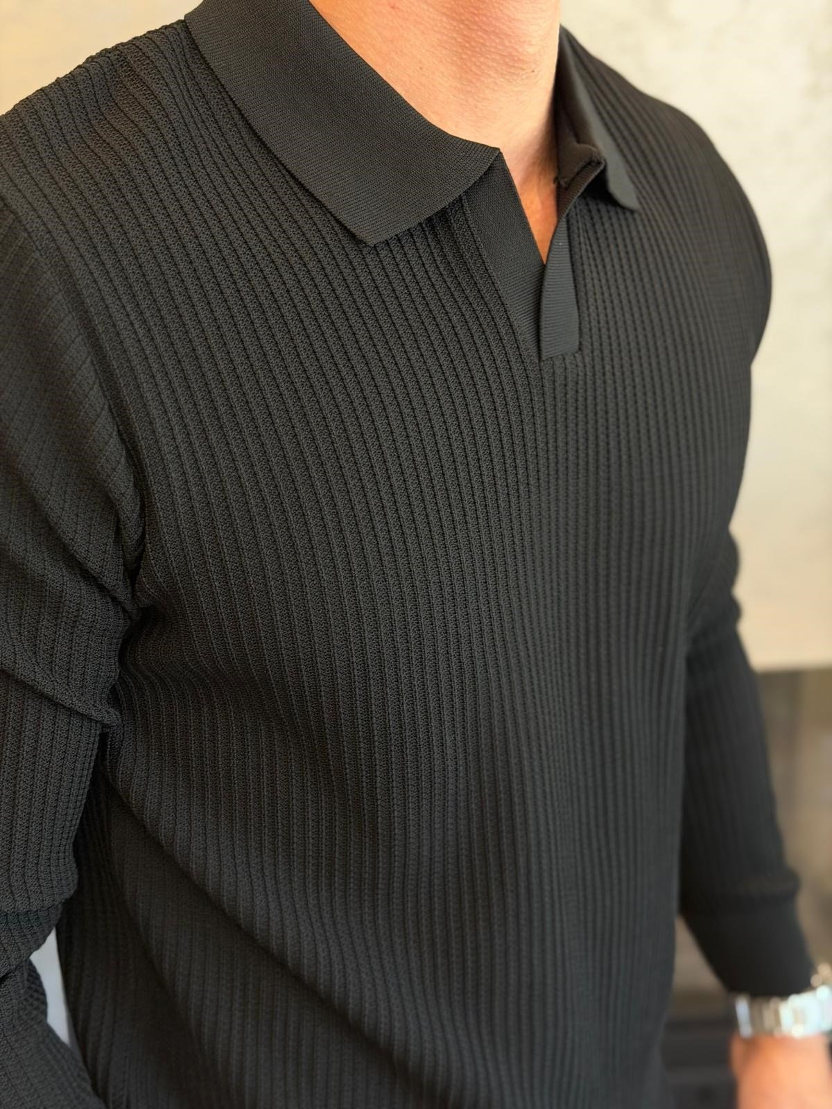 Erkek Relaxed Fit  Kapamasız Polo Kazak Siyah Eca092