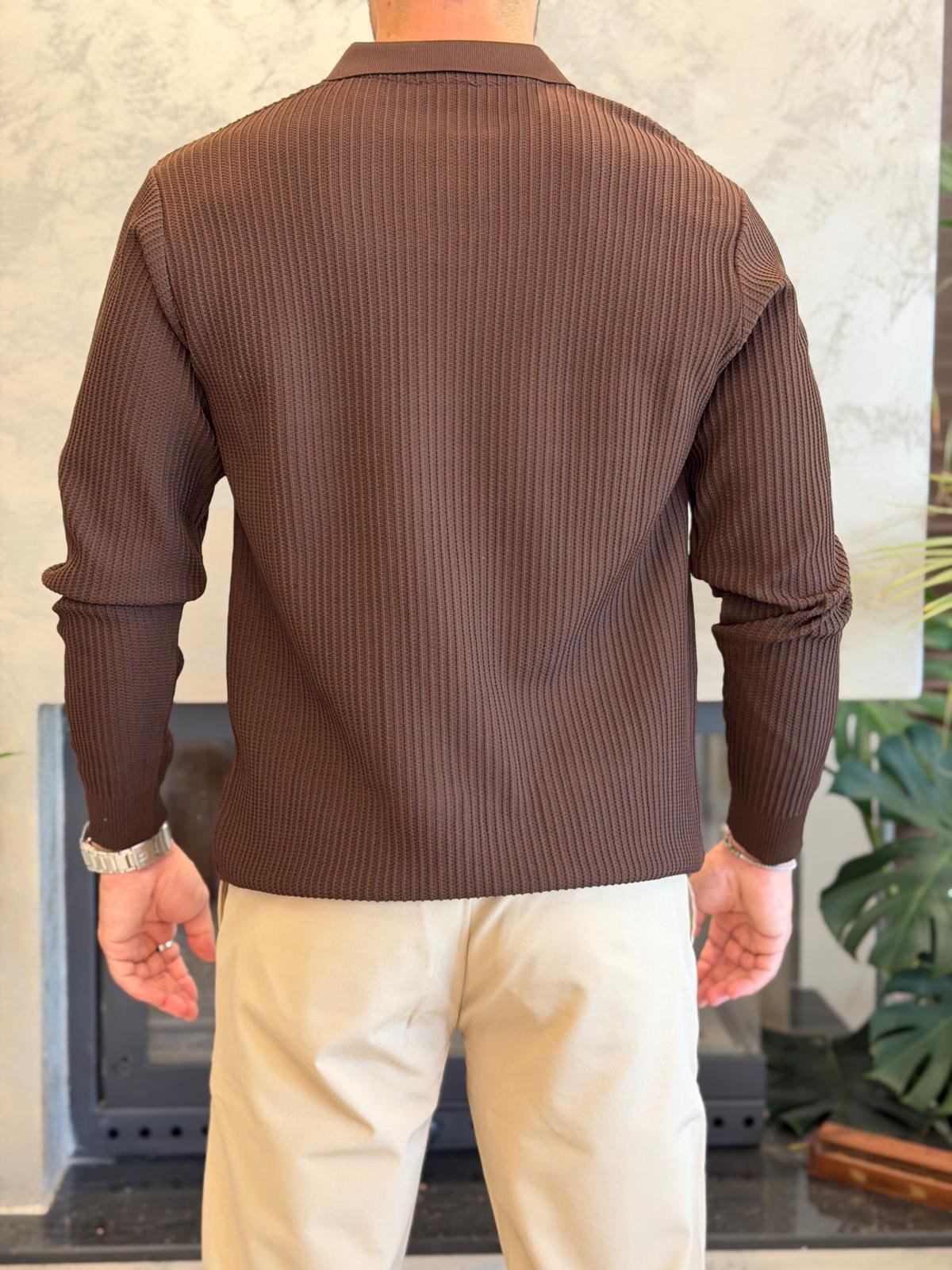 Erkek Relaxed Fit  Kapamasız Polo Kazak Acı Kahve Eca092