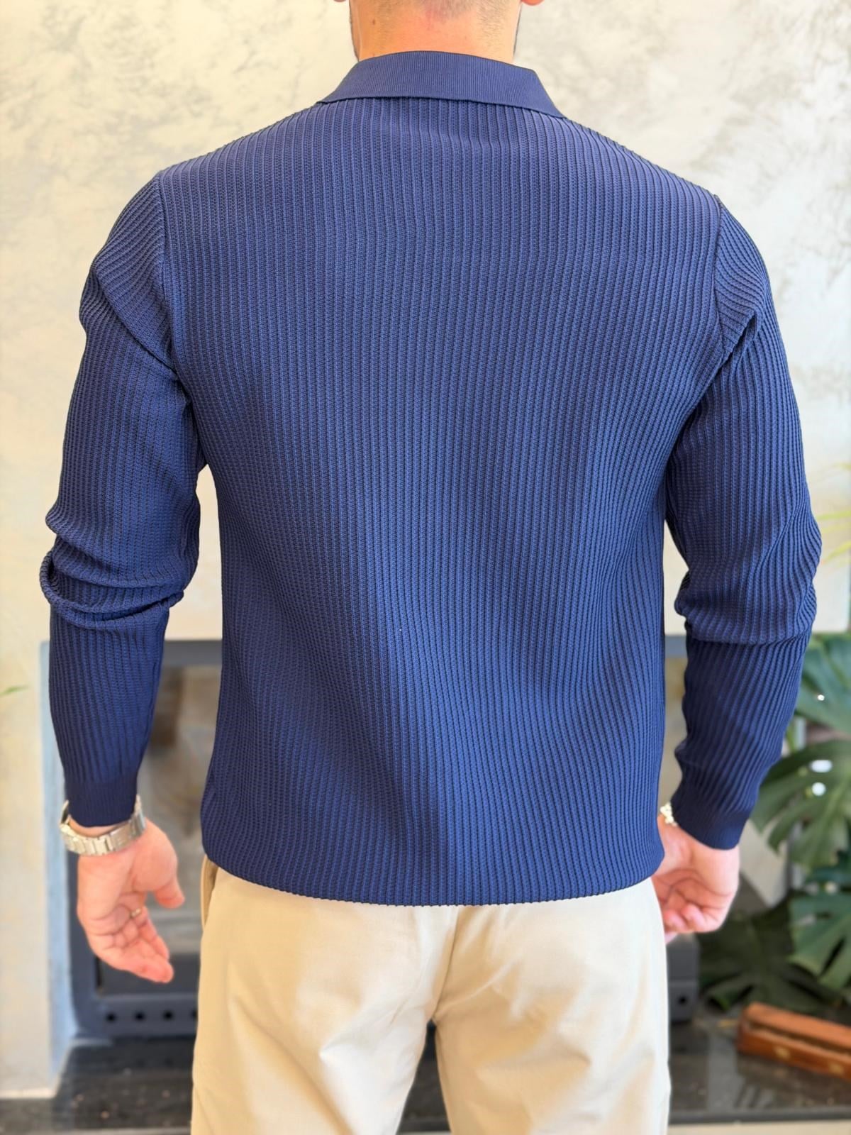 Erkek Relaxed Fit  Kapamasız Polo Kazak Lacivert Eca092