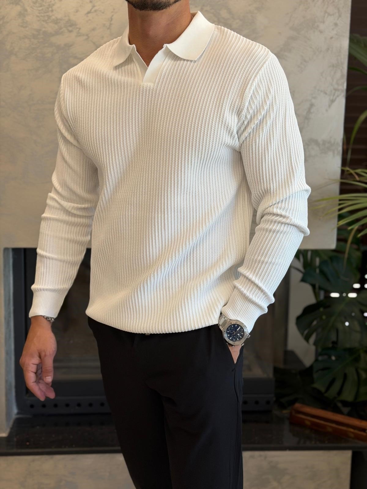 Erkek Relaxed Fit  Kapamasız Polo Kazak Beyaz Eca092