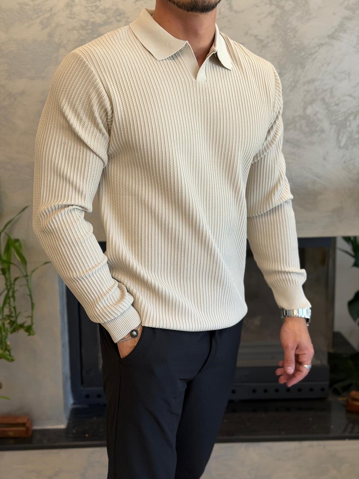 Erkek Relaxed Fit  Kapamasız Polo Kazak Bej Eca092