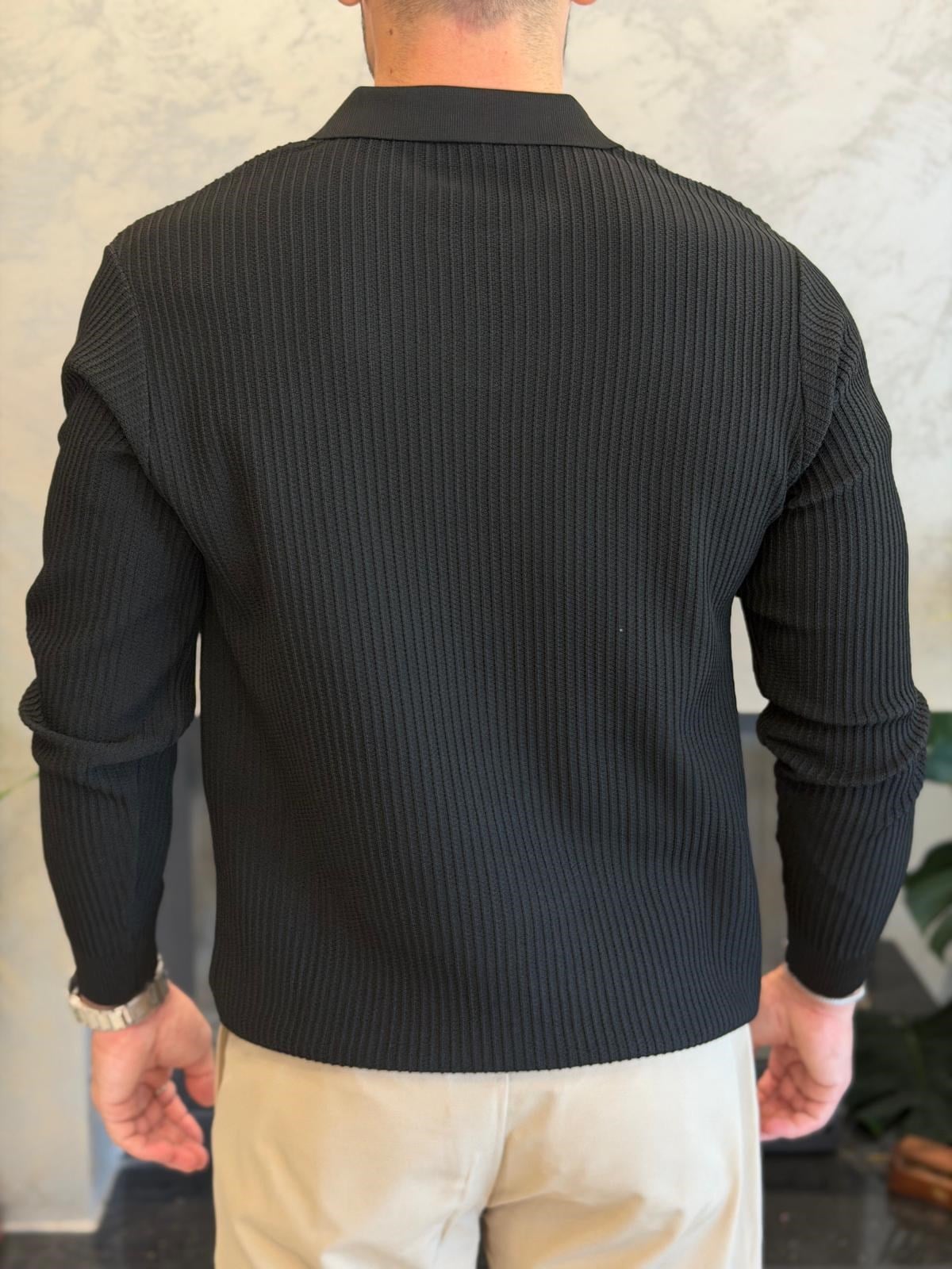 Erkek Relaxed Fit  Kapamasız Polo Kazak Siyah Eca092