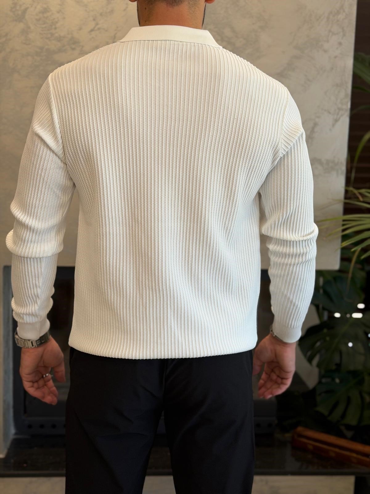 Erkek Relaxed Fit  Kapamasız Polo Kazak Beyaz Eca092