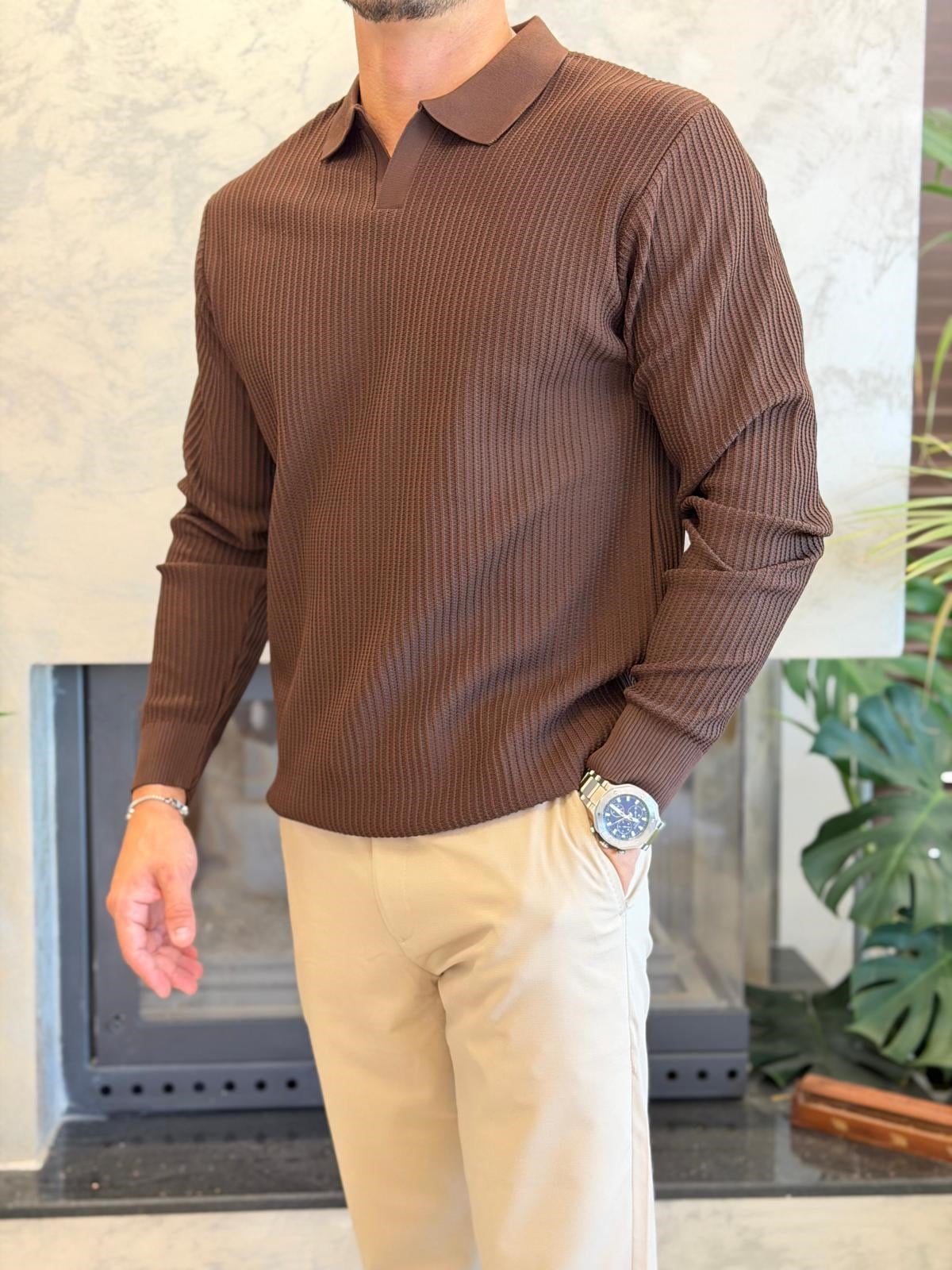 Erkek Relaxed Fit  Kapamasız Polo Kazak Acı Kahve Eca092