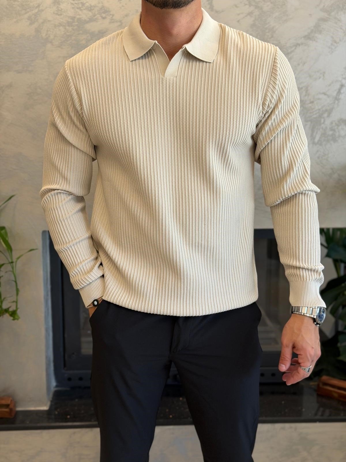 Erkek Relaxed Fit  Kapamasız Polo Kazak Bej Eca092