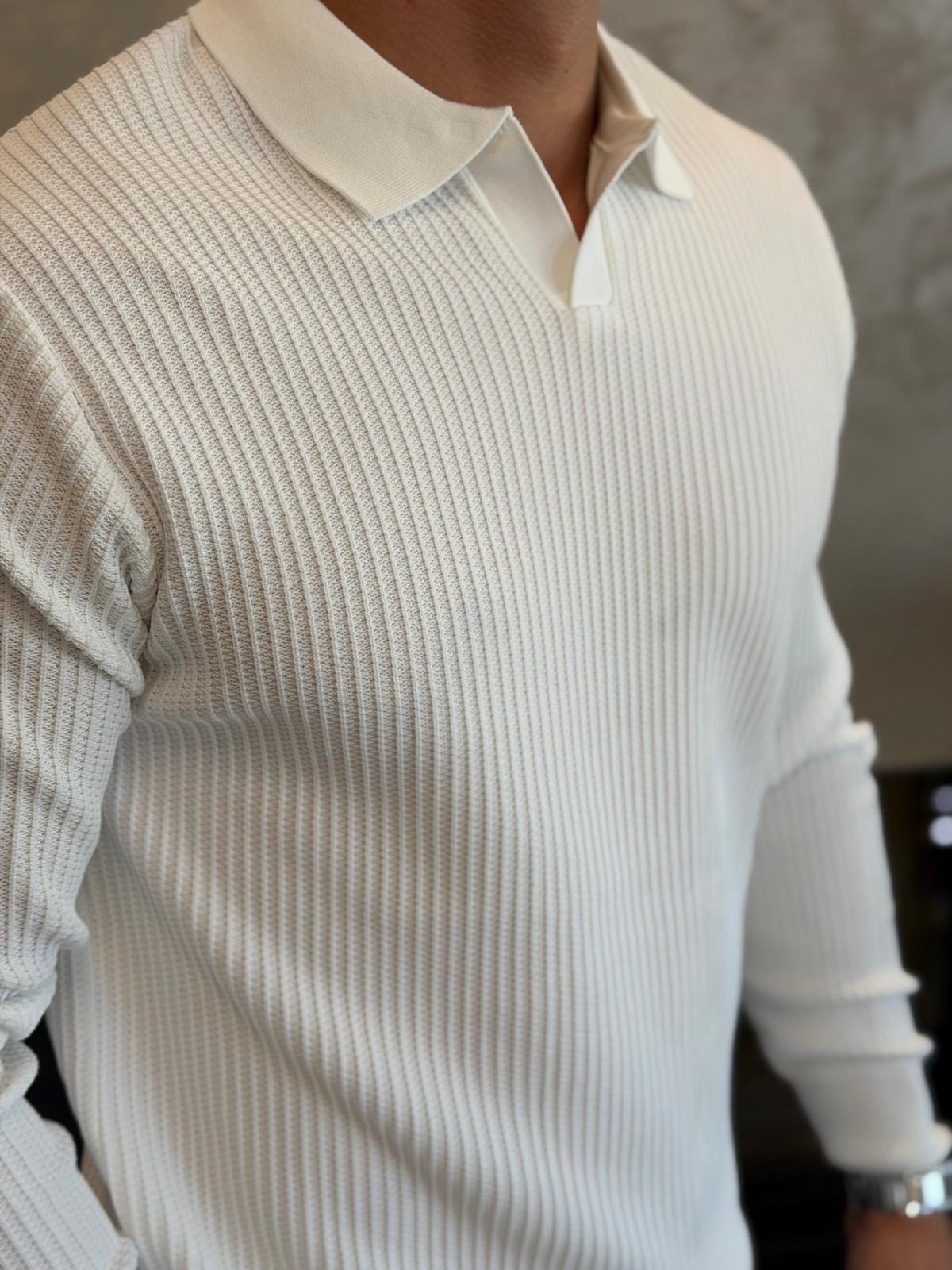Erkek Relaxed Fit  Kapamasız Polo Kazak Beyaz Eca092