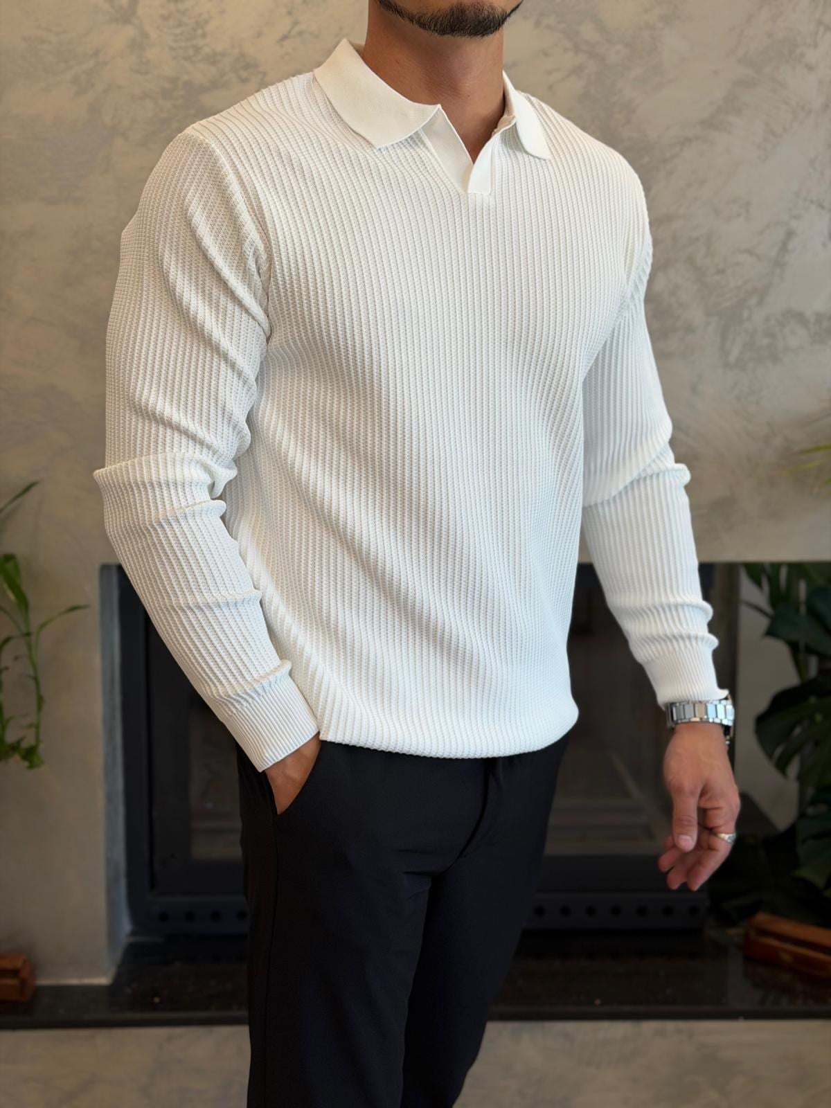 Erkek Relaxed Fit  Kapamasız Polo Kazak Beyaz Eca092