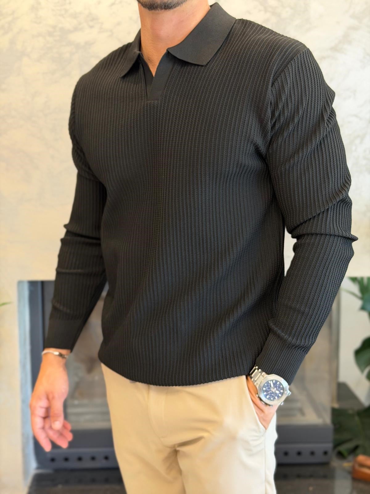 Erkek Relaxed Fit  Kapamasız Polo Kazak Siyah Eca092