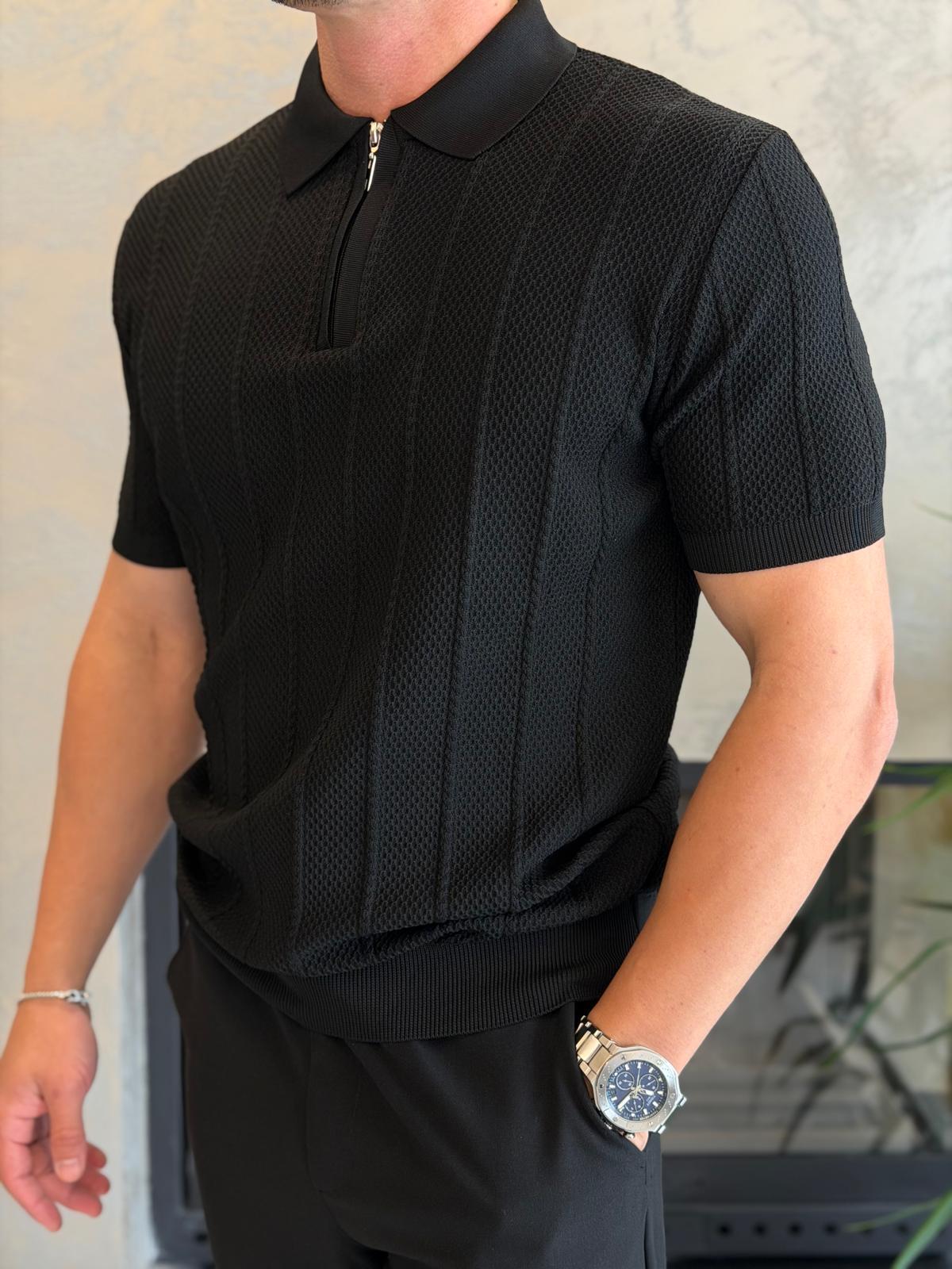 Erkek Relaxed Fit Petek Dokulu Triko Tshirt Siyah Eca075