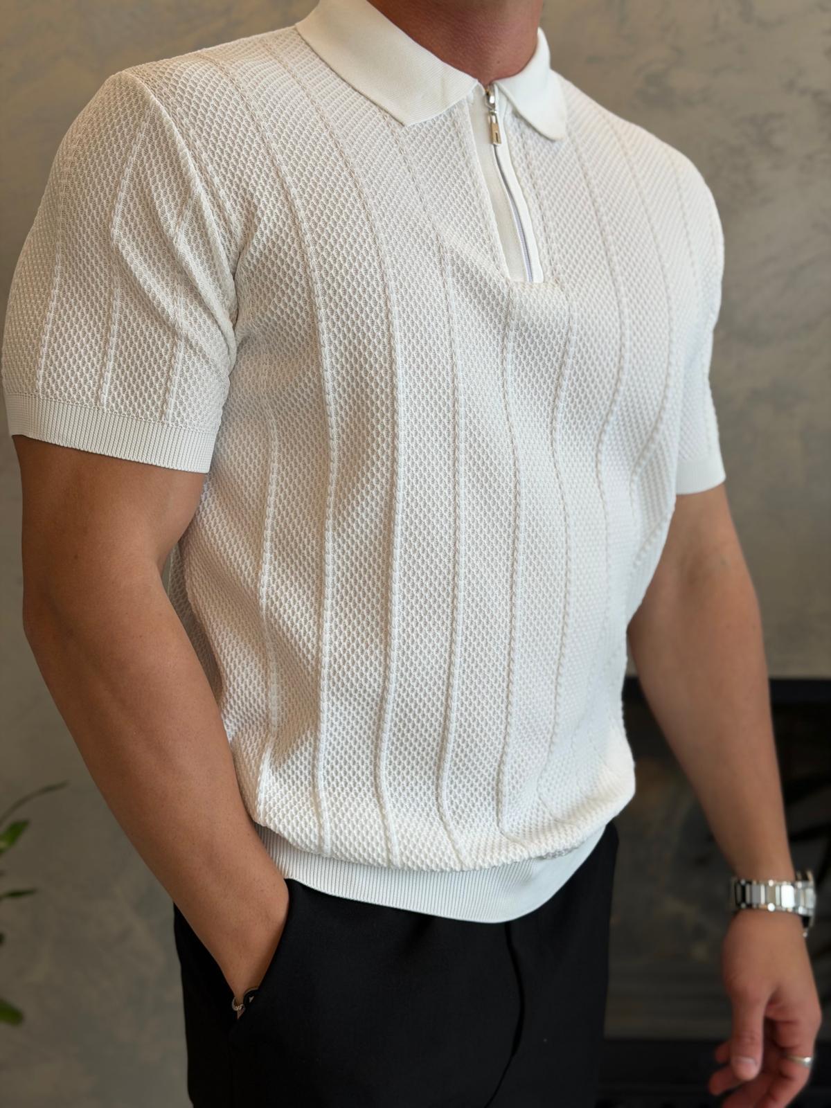 Erkek Relaxed Fit Petek Dokulu Triko Tshirt Beyaz Eca075