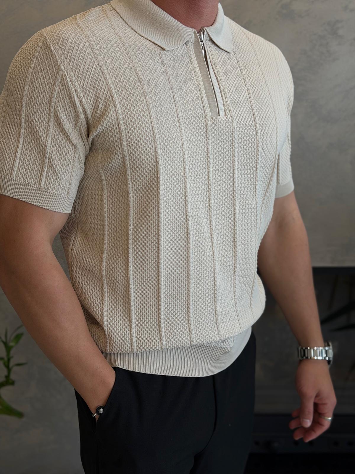 Erkek Relaxed Fit Petek Dokulu Triko Tshirt Bej Eca075