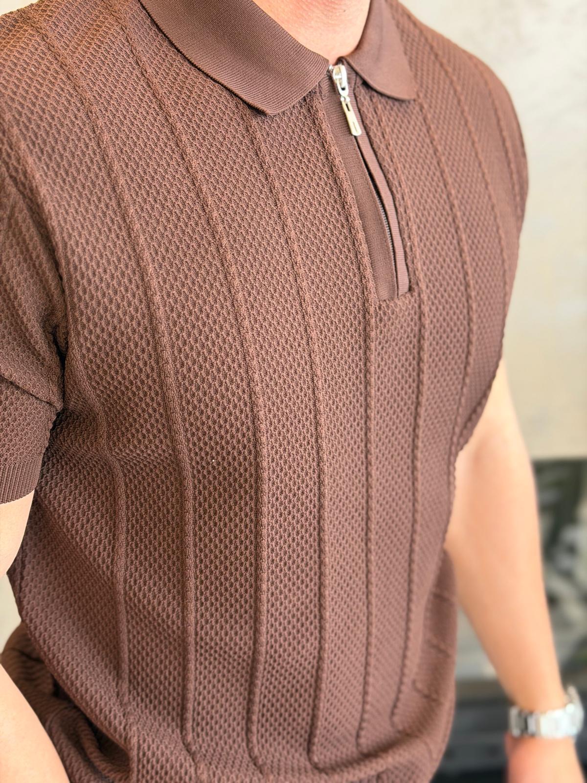 Erkek Relaxed Fit Petek Dokulu Triko Tshirt Acı Kahve Eca075