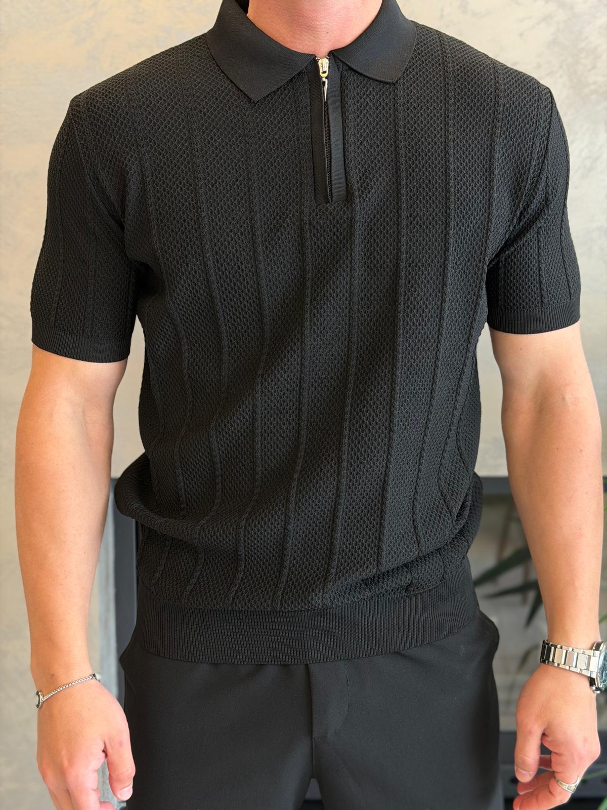 Erkek Relaxed Fit Petek Dokulu Triko Tshirt Siyah Eca075