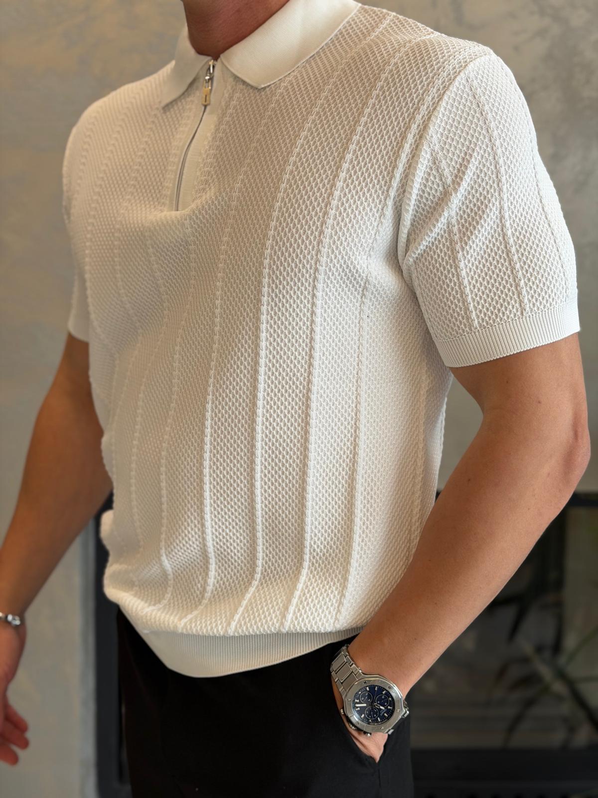 Erkek Relaxed Fit Petek Dokulu Triko Tshirt Beyaz Eca075
