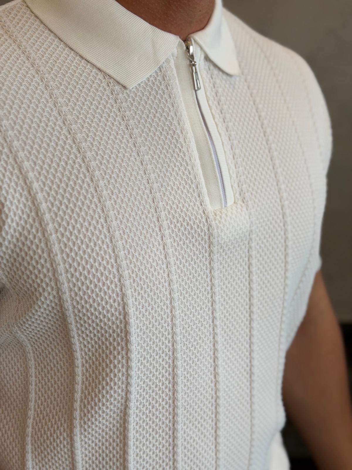 Erkek Relaxed Fit Petek Dokulu Triko Tshirt Beyaz Eca075