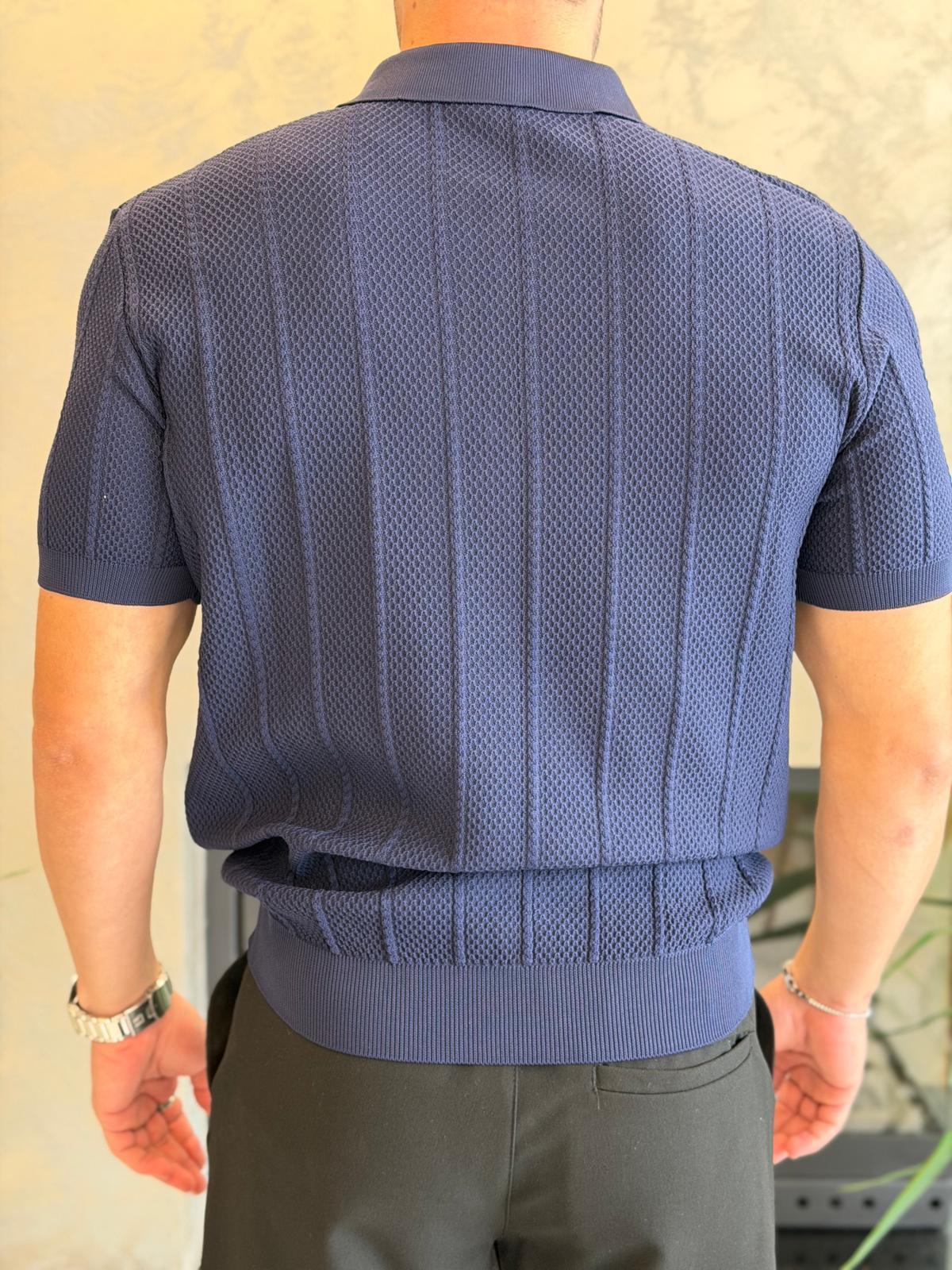 Erkek Relaxed Fit Petek Dokulu Triko Tshirt Lacivert Eca075
