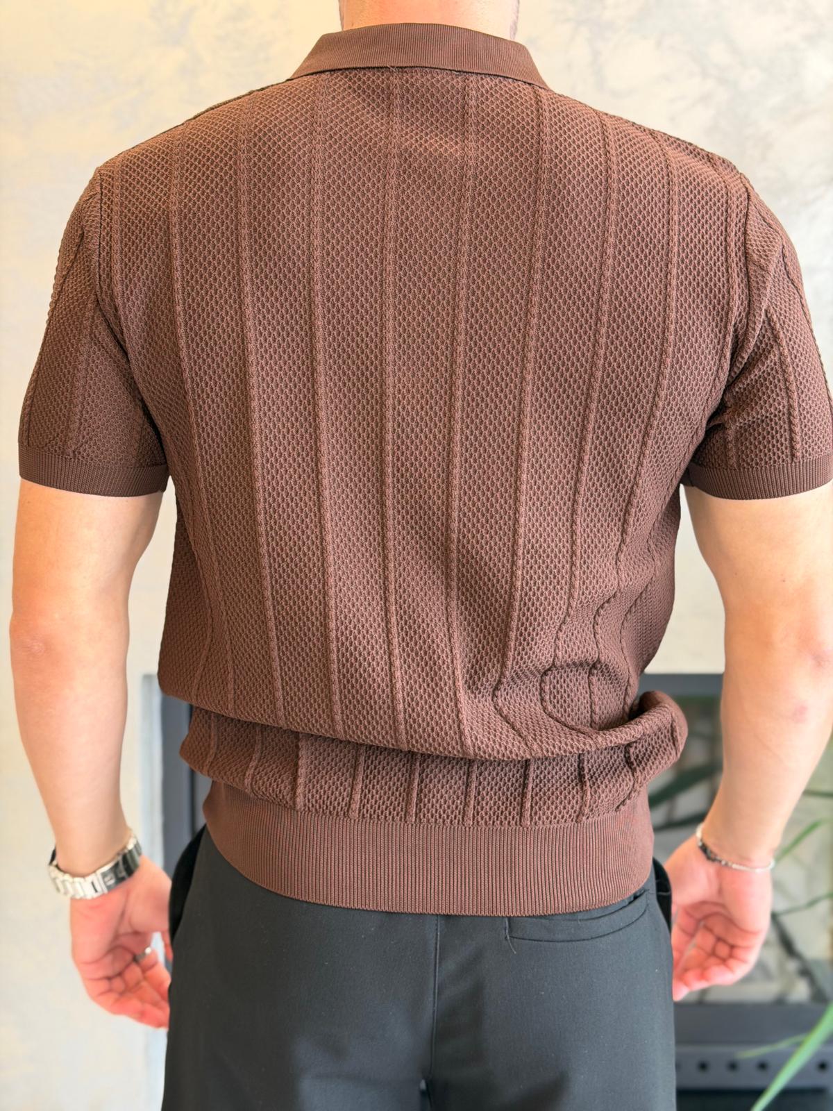 Erkek Relaxed Fit Petek Dokulu Triko Tshirt Acı Kahve Eca075