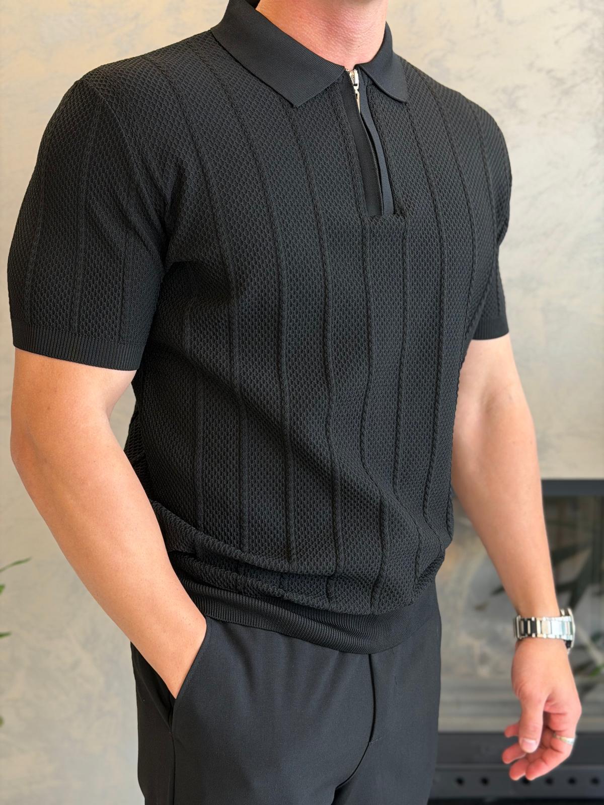 Erkek Relaxed Fit Petek Dokulu Triko Tshirt Siyah Eca075
