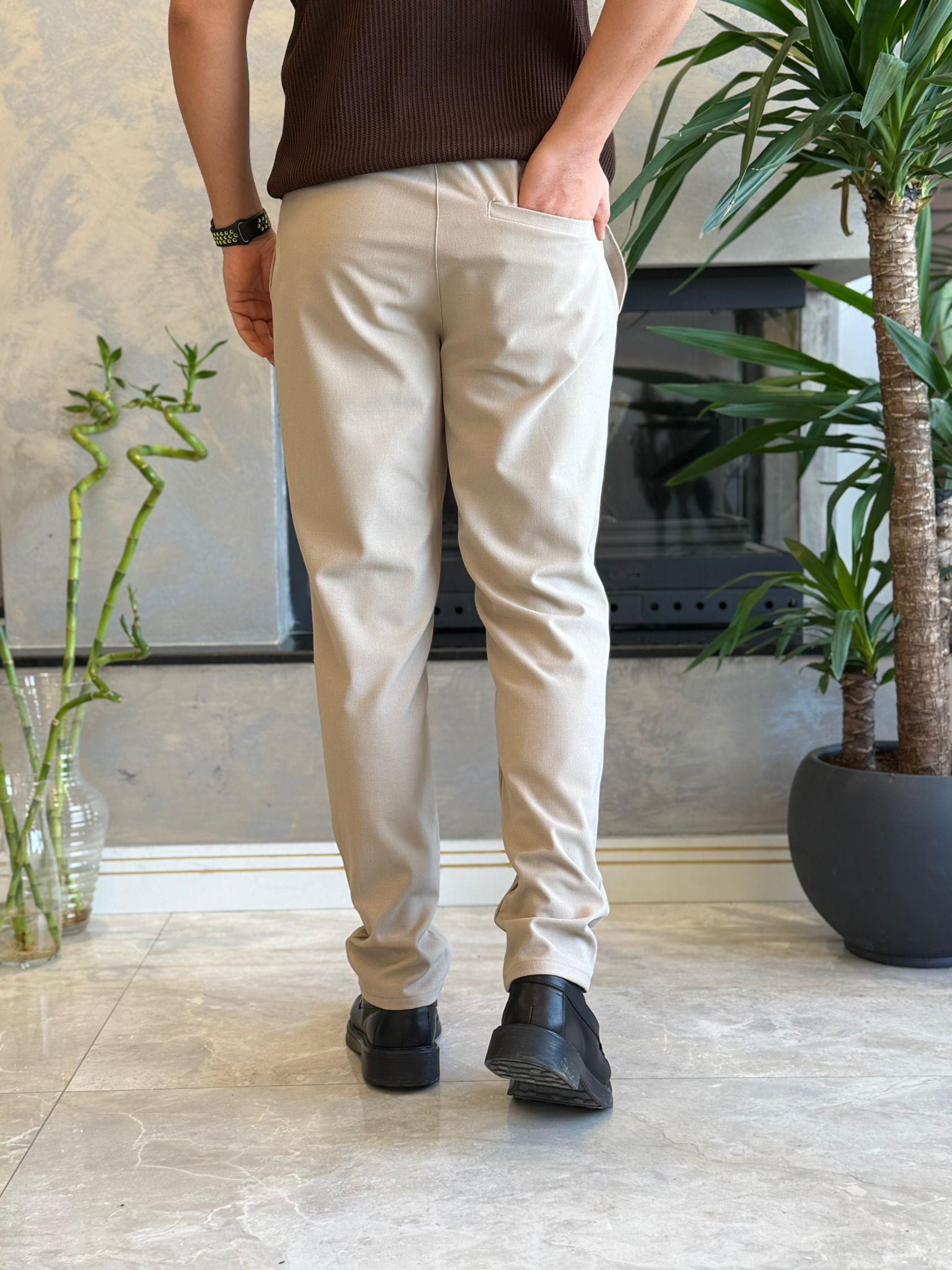 Erkek Slim Fit Beli Lastik ve Bağcıklı Kumaş Pantolon Bej Eca063