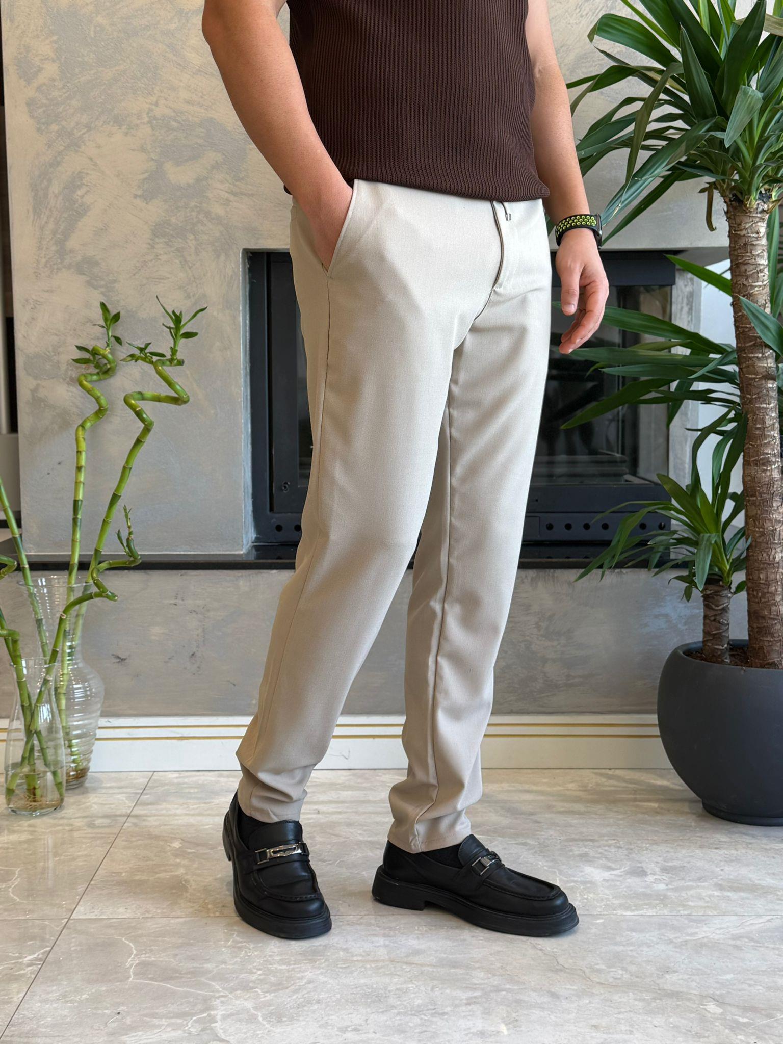Erkek Slim Fit Beli Lastik ve Bağcıklı Kumaş Pantolon Bej Eca063