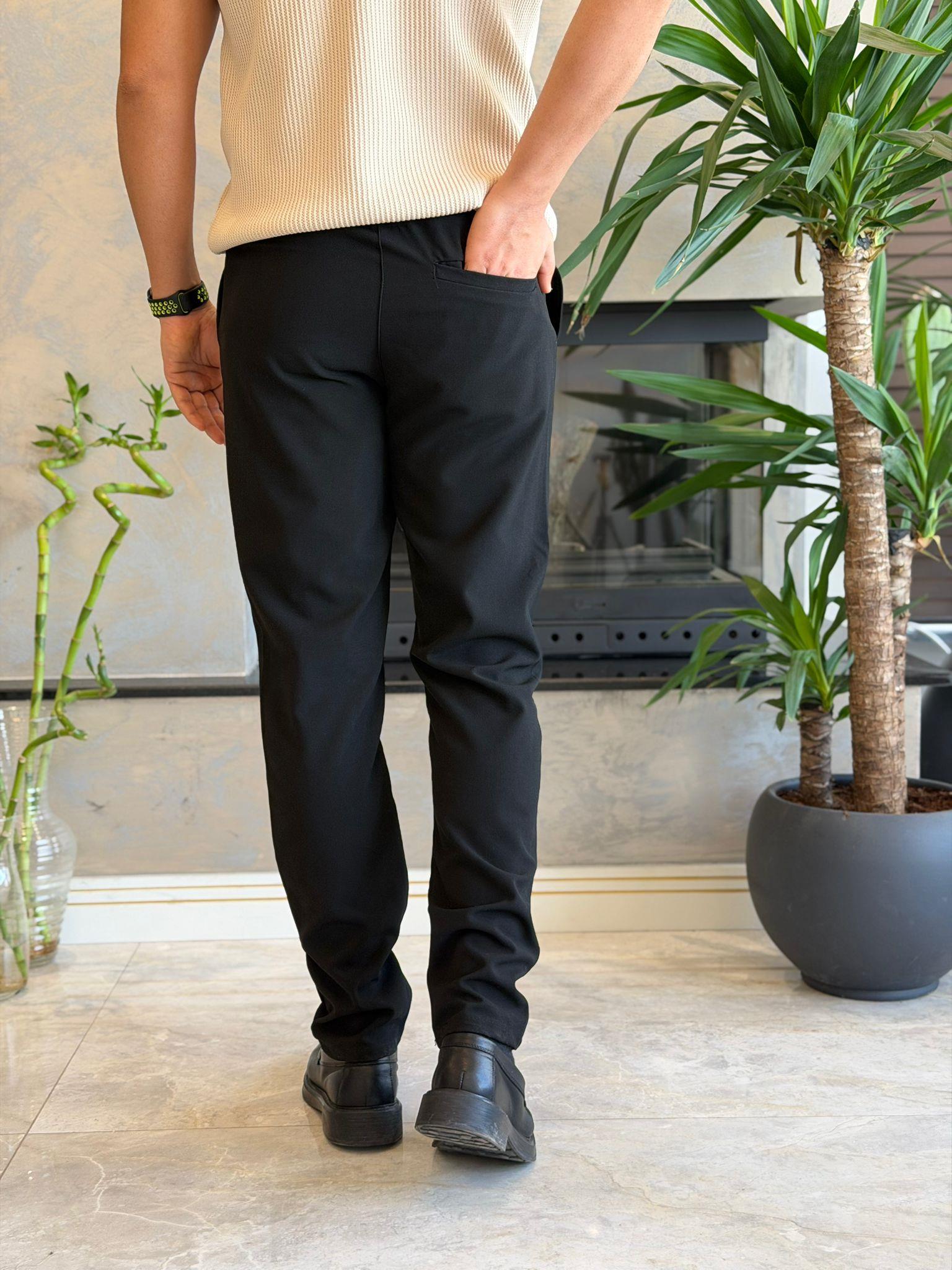 Erkek Slim Fit Beli Lastik ve Bağcıklı Keten Pantolon Siyah Eca063