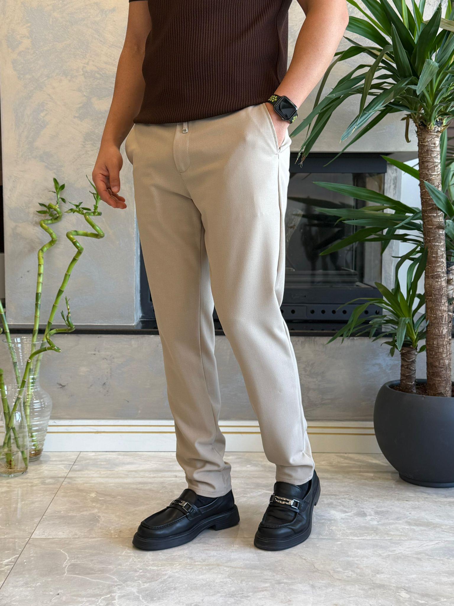 Erkek Slim Fit Beli Lastik ve Bağcıklı Kumaş Pantolon Bej Eca063