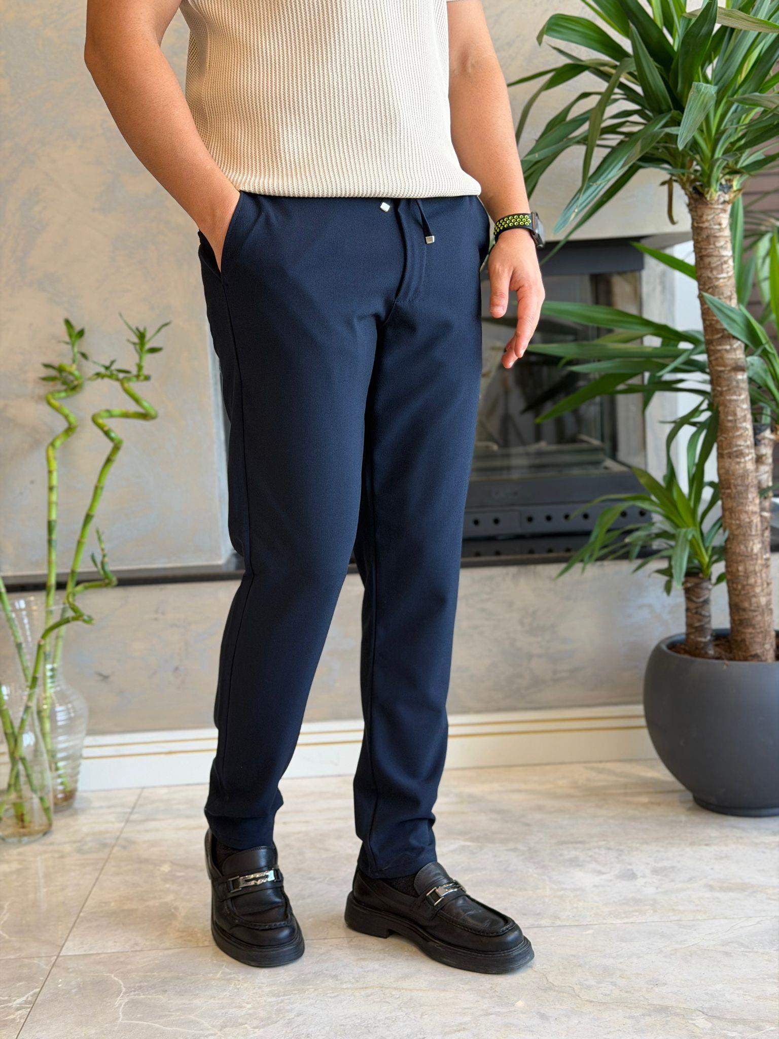 Erkek Slim Fit Beli Lastik ve Bağcıklı Kumaş Pantolon Lacivert Eca063
