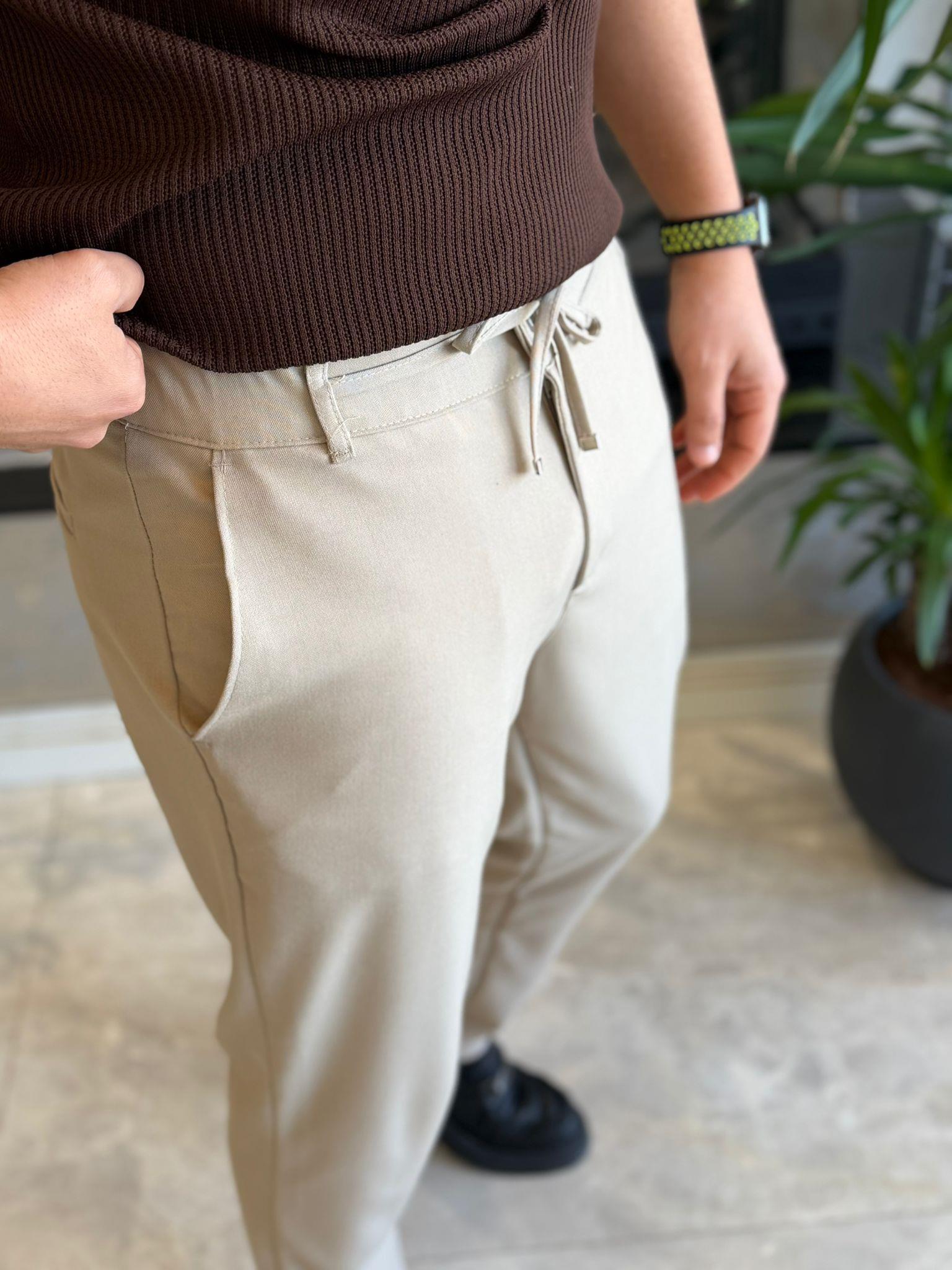 Erkek Slim Fit Beli Lastik ve Bağcıklı Kumaş Pantolon Bej Eca063