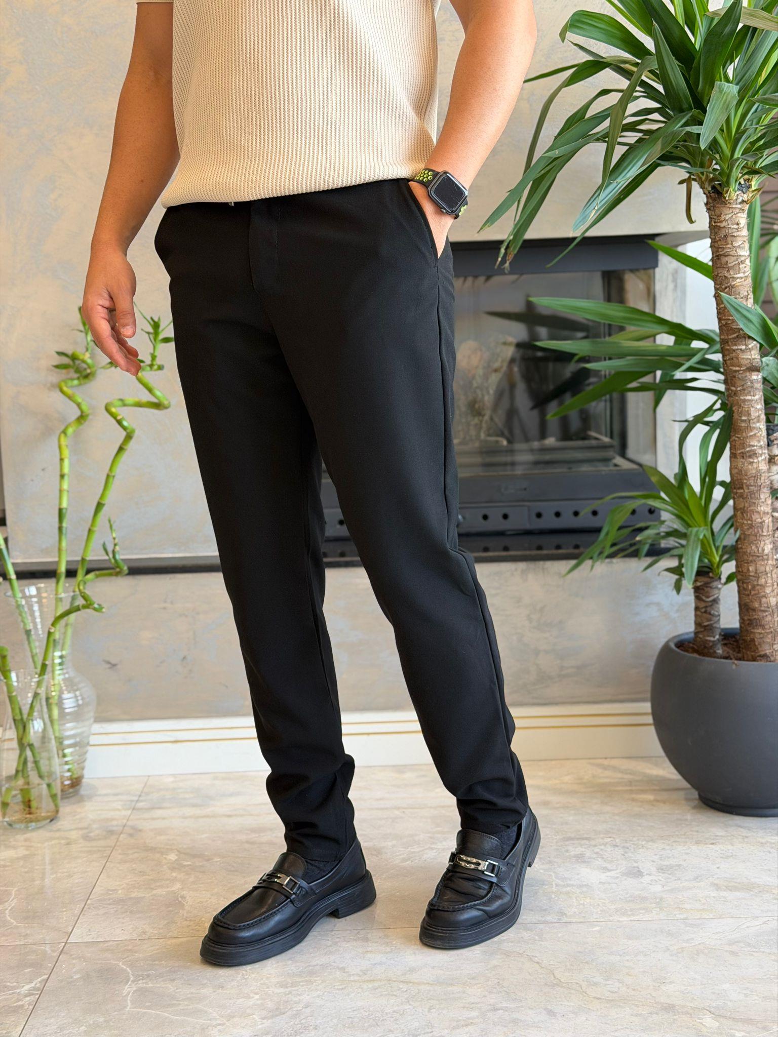 Erkek Slim Fit Beli Lastik ve Bağcıklı Keten Pantolon Siyah Eca063