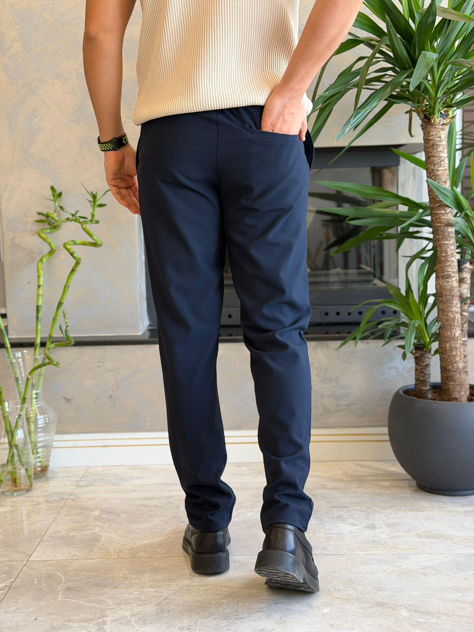 Erkek Slim Fit Beli Lastik ve Bağcıklı Kumaş Pantolon Lacivert Eca063
