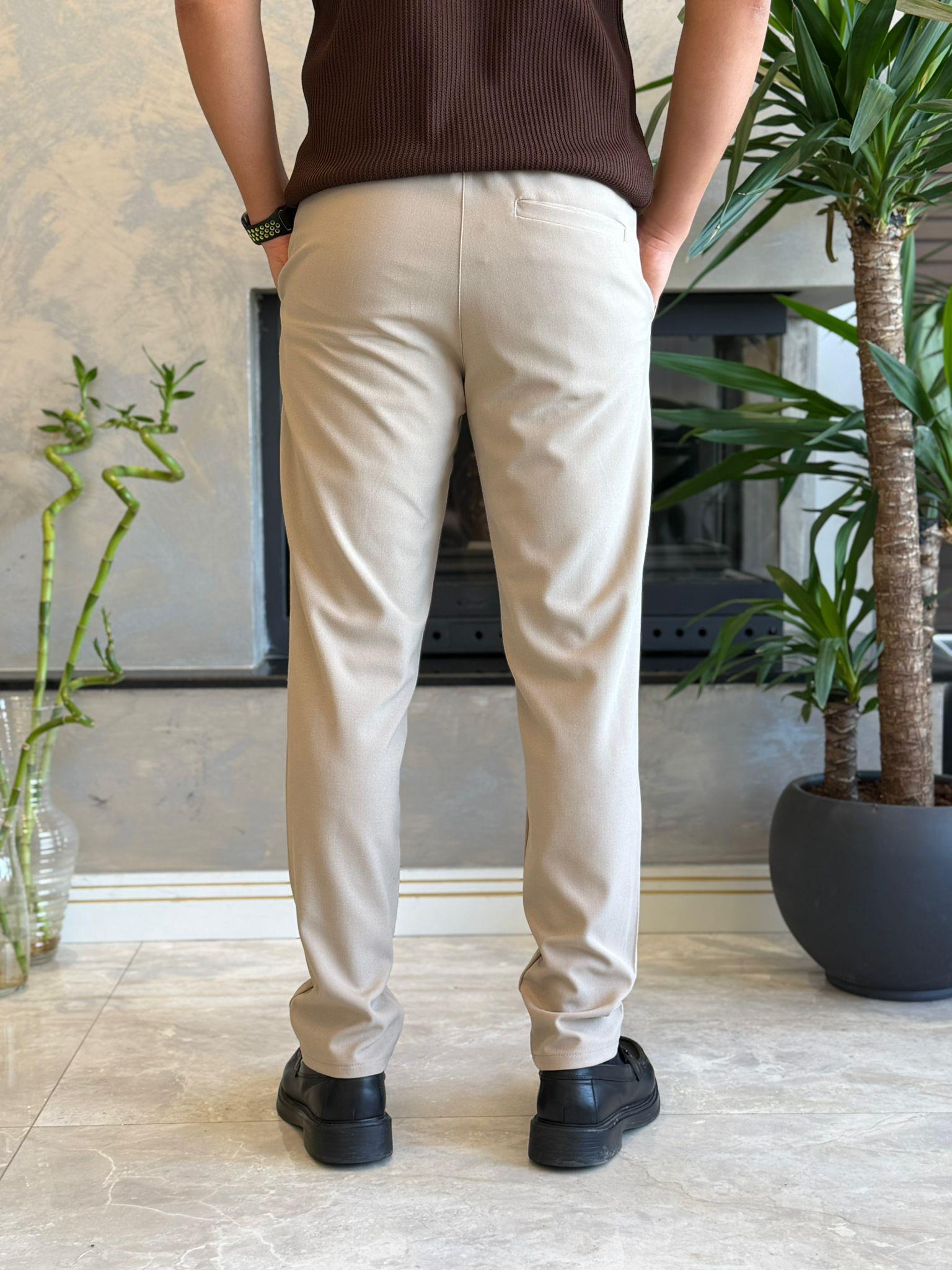 Erkek Slim Fit Beli Lastik ve Bağcıklı Kumaş Pantolon Bej Eca063