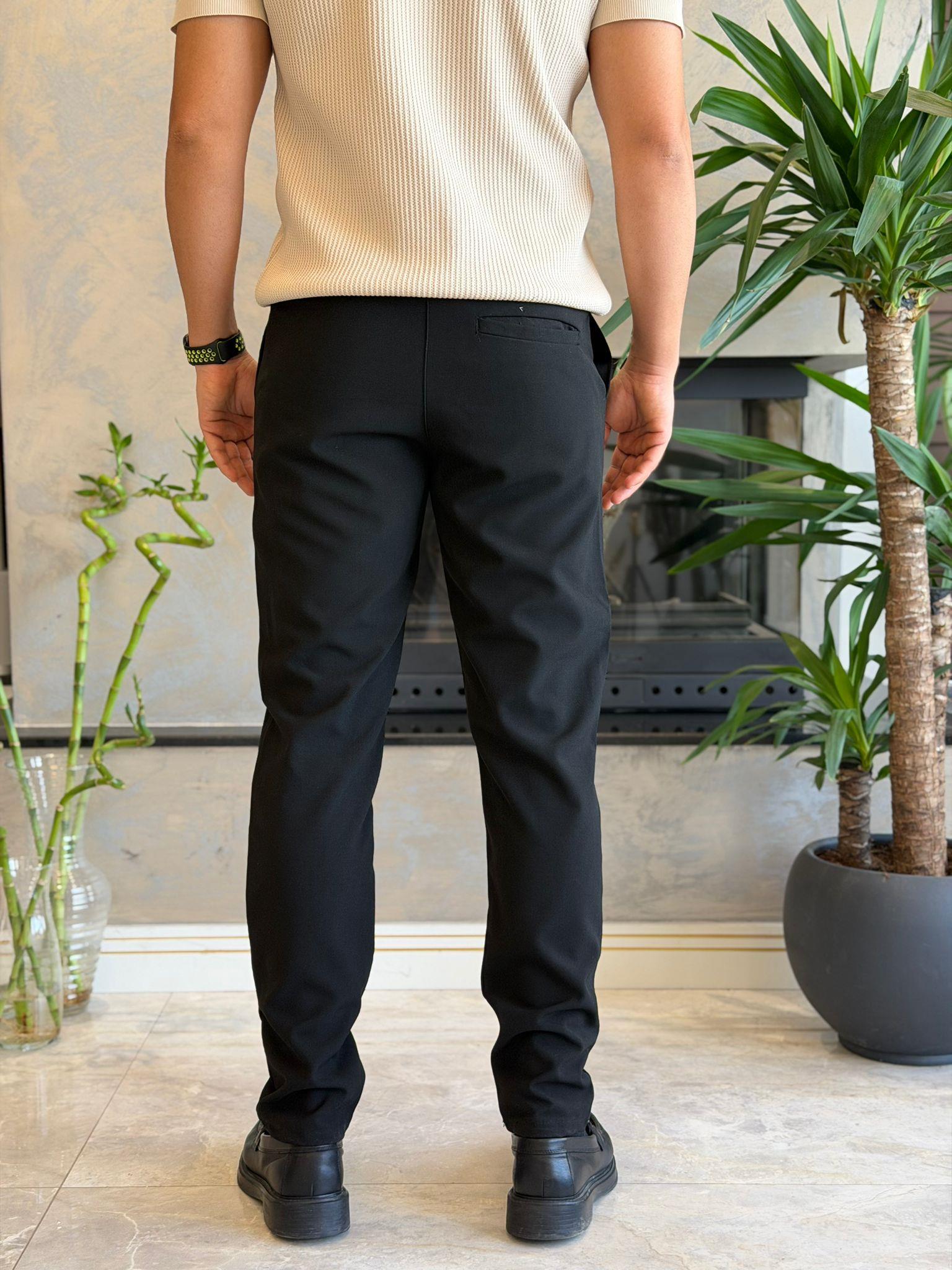 Erkek Slim Fit Beli Lastik ve Bağcıklı Keten Pantolon Siyah Eca063