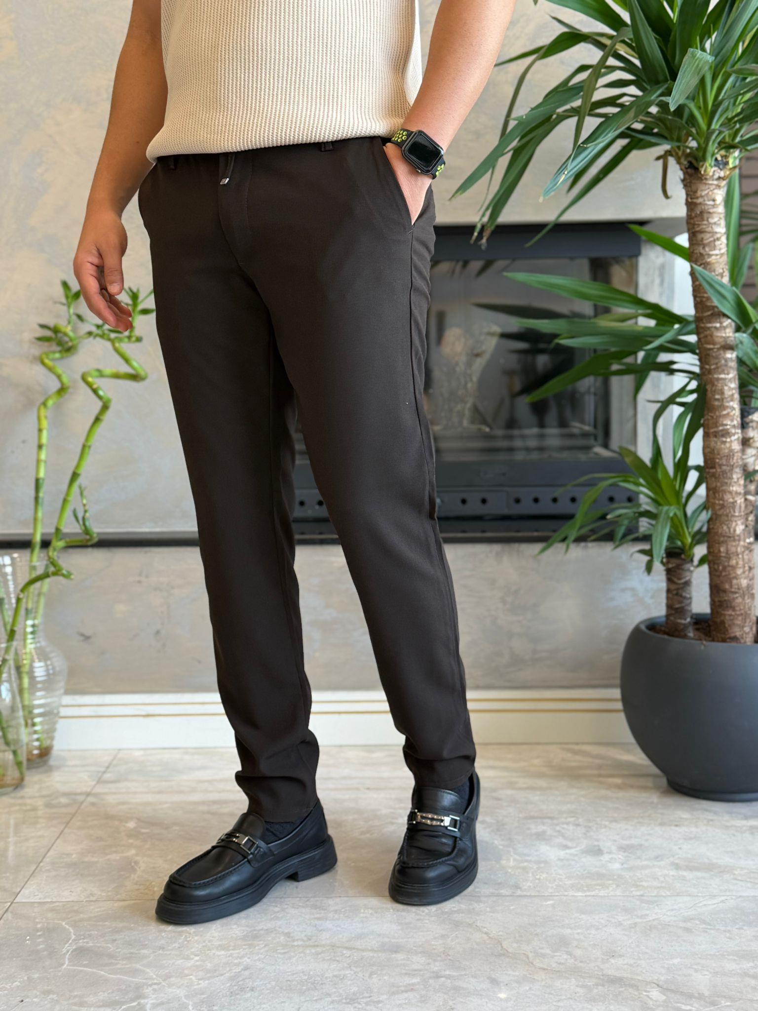 Erkek Slim Fit Beli Lastik ve Bağcıklı Kumaş Pantolon Kahverengi Eca063