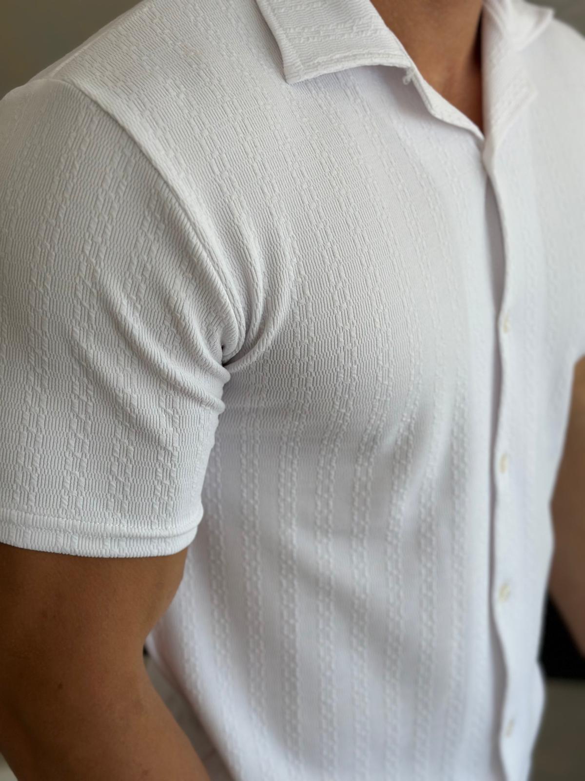Erkek Slim Fit Dokulu Pamuklu Kısa Kol Gömlek Beyaz  Eca011