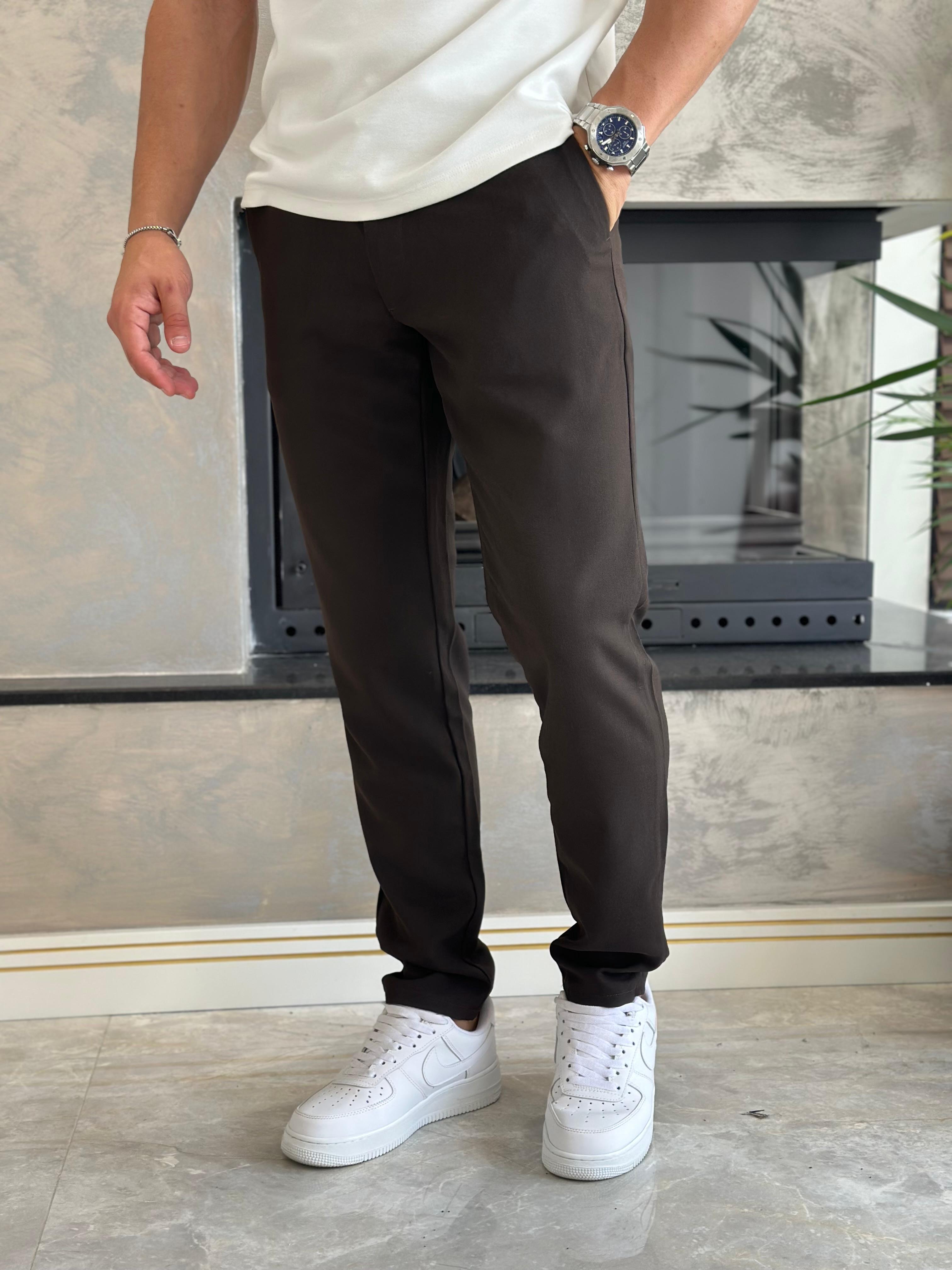 Erkek Slim Fit Kalıp Beli Lastikli Kumaş Pantolon Kahverengi  Eca040