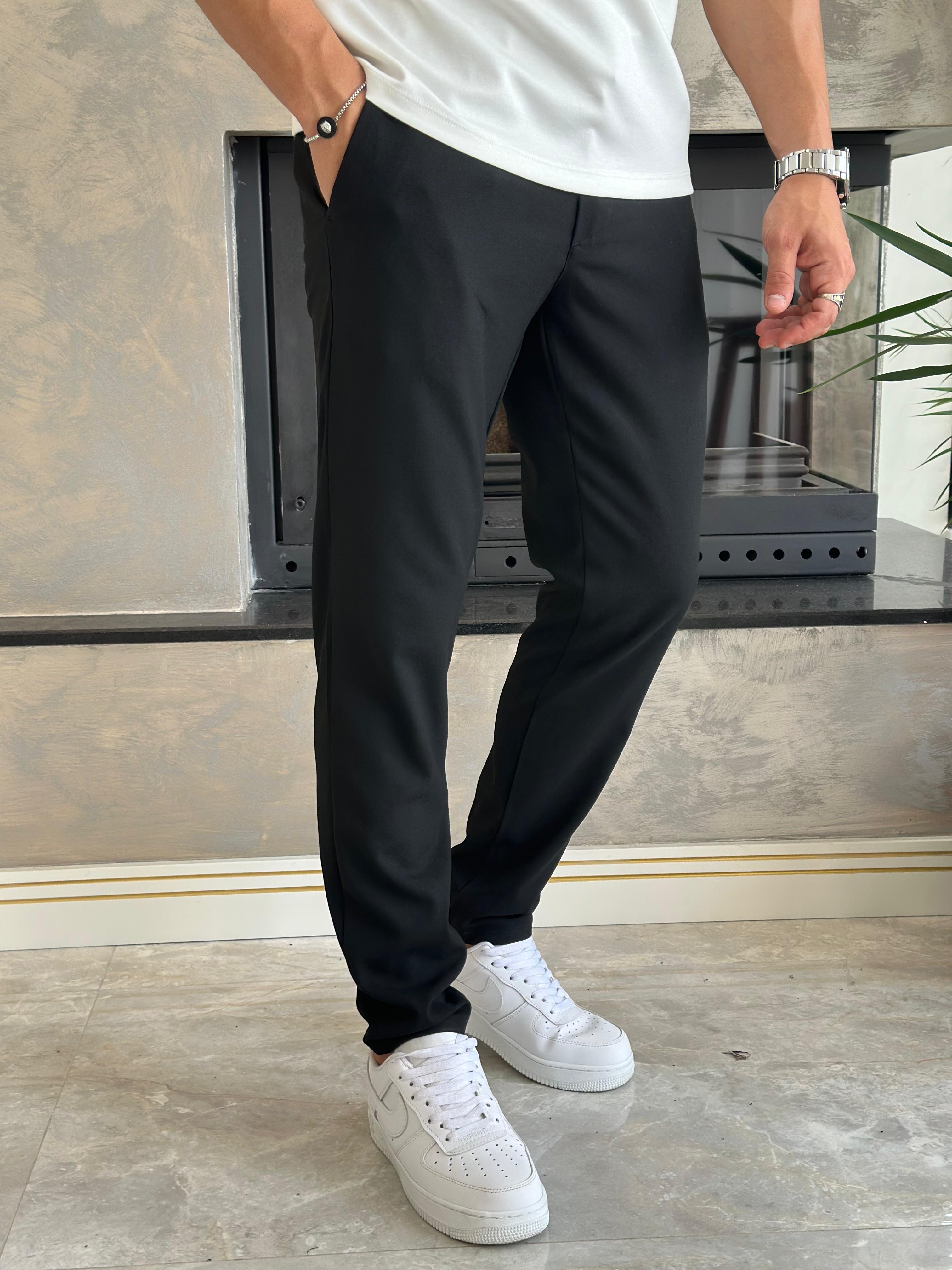 Erkek Slim Fit Kalıp Beli Lastikli Kumaş Pantolon Siyah   Eca040