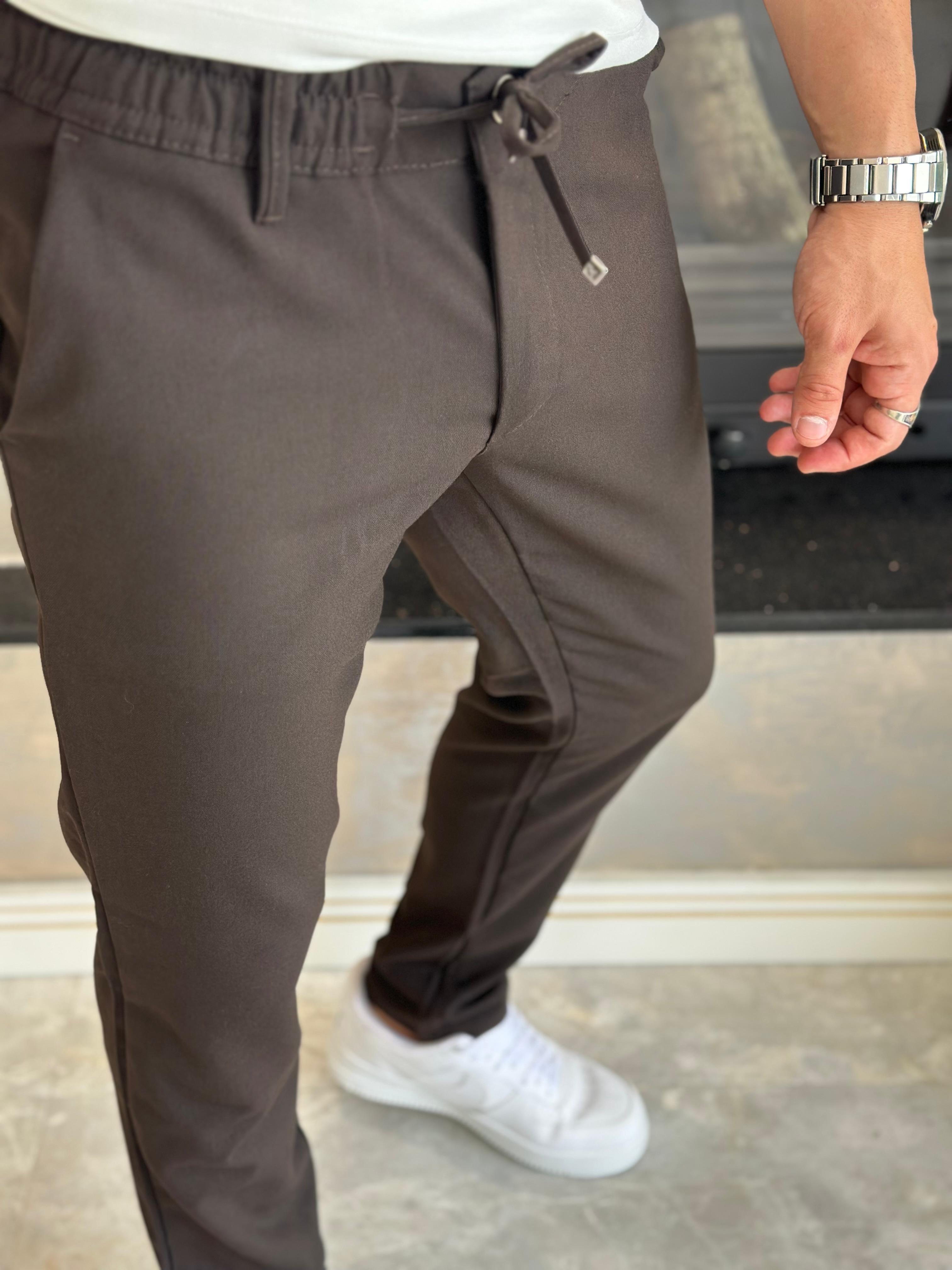 Erkek Slim Fit Kalıp Beli Lastikli Kumaş Pantolon Kahverengi  Eca040
