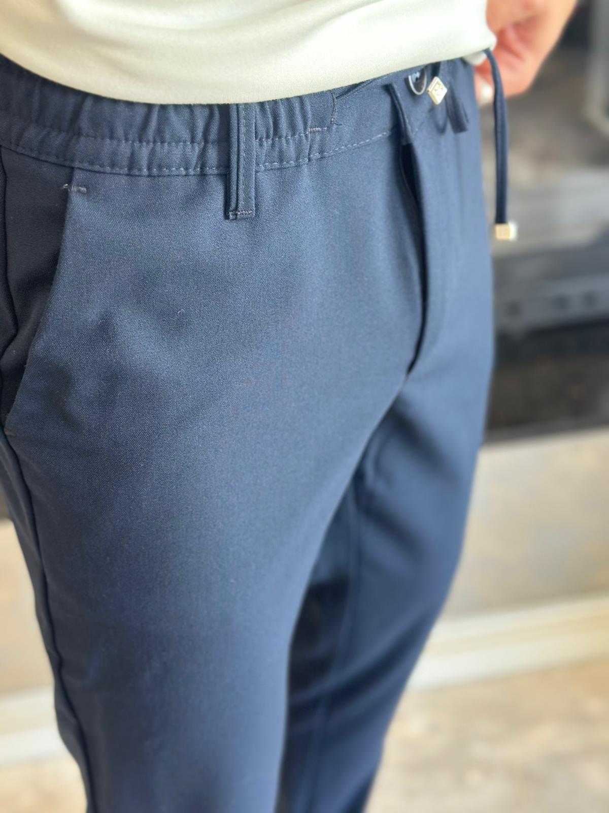 Erkek Slim Fit Kalıp Beli Lastikli Kumaş Pantolon Lacivert  Eca040