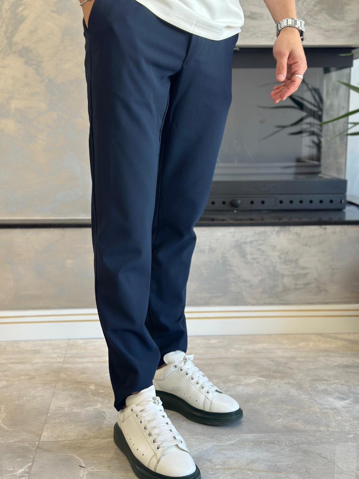 Erkek Slim Fit Kalıp Beli Lastikli Kumaş Pantolon Lacivert  Eca040