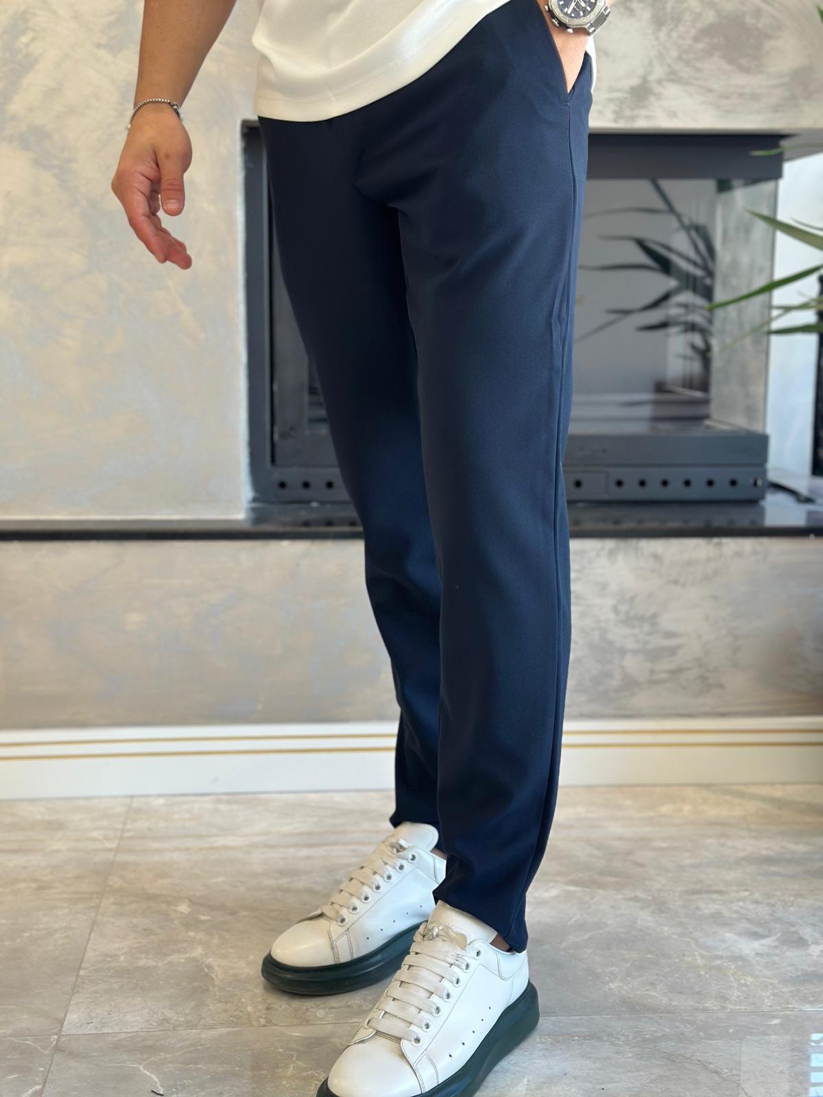 Erkek Slim Fit Kalıp Beli Lastikli Kumaş Pantolon Lacivert  Eca040