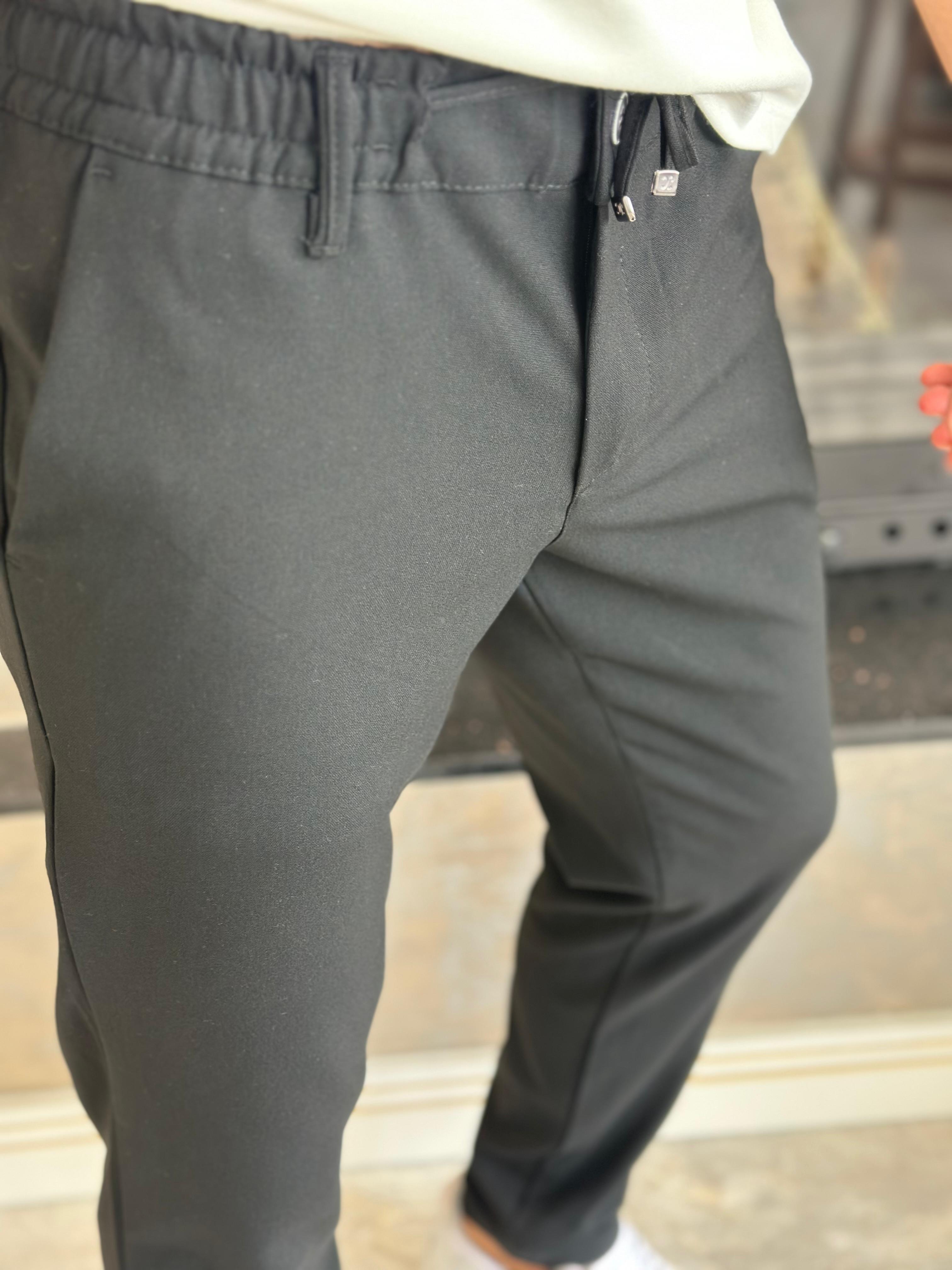 Erkek Slim Fit Kalıp Beli Lastikli Kumaş Pantolon Siyah   Eca040