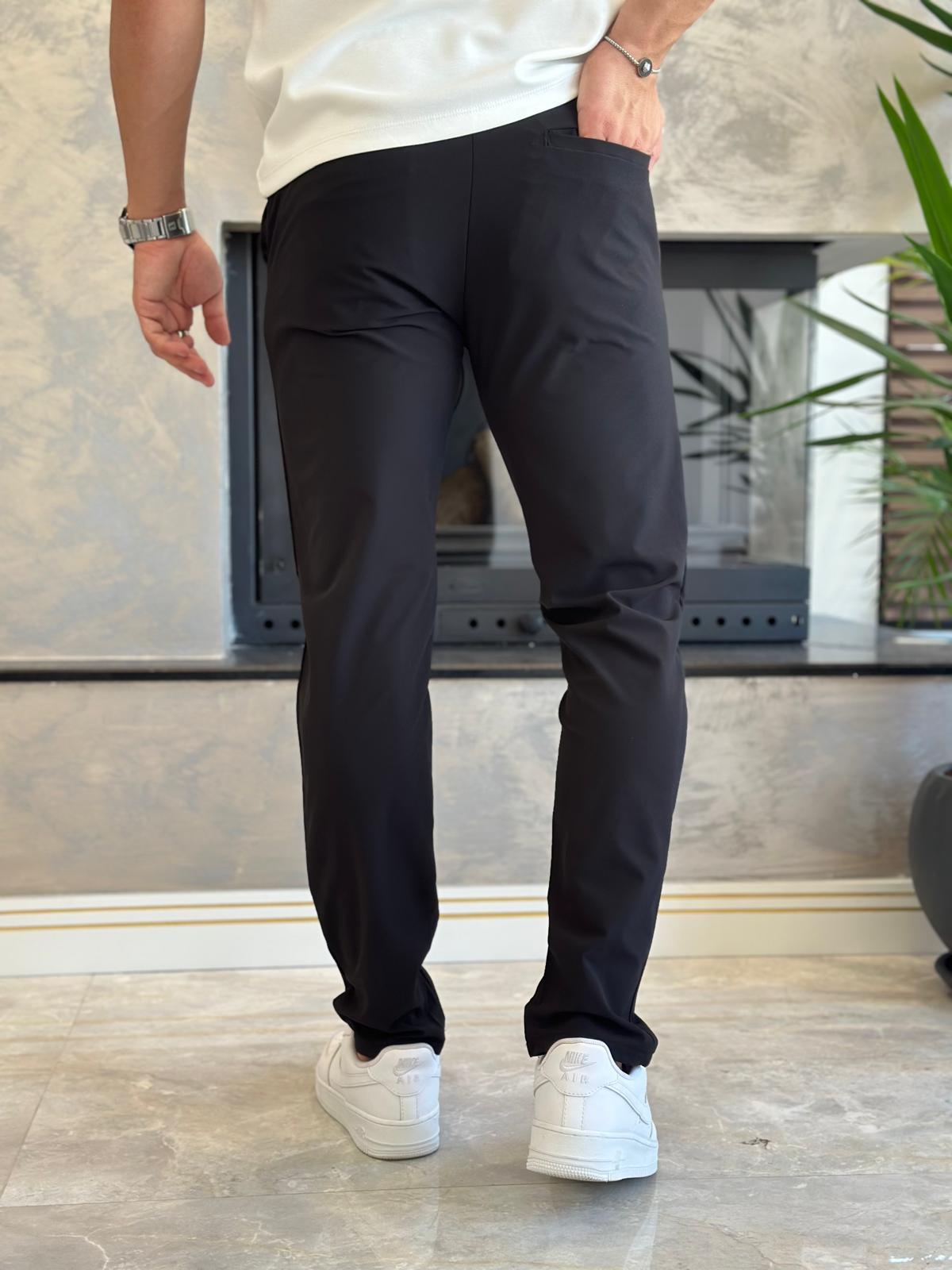 Erkek Slim Fit Kalıp Beli Lastikli  ve Bağcıklı Paraşüt Kumaş Pantolon Siyah  Eca041