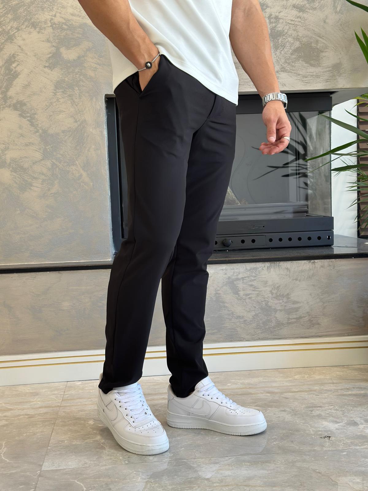Erkek Slim Fit Kalıp Beli Lastikli  ve Bağcıklı Paraşüt Kumaş Pantolon Siyah  Eca041