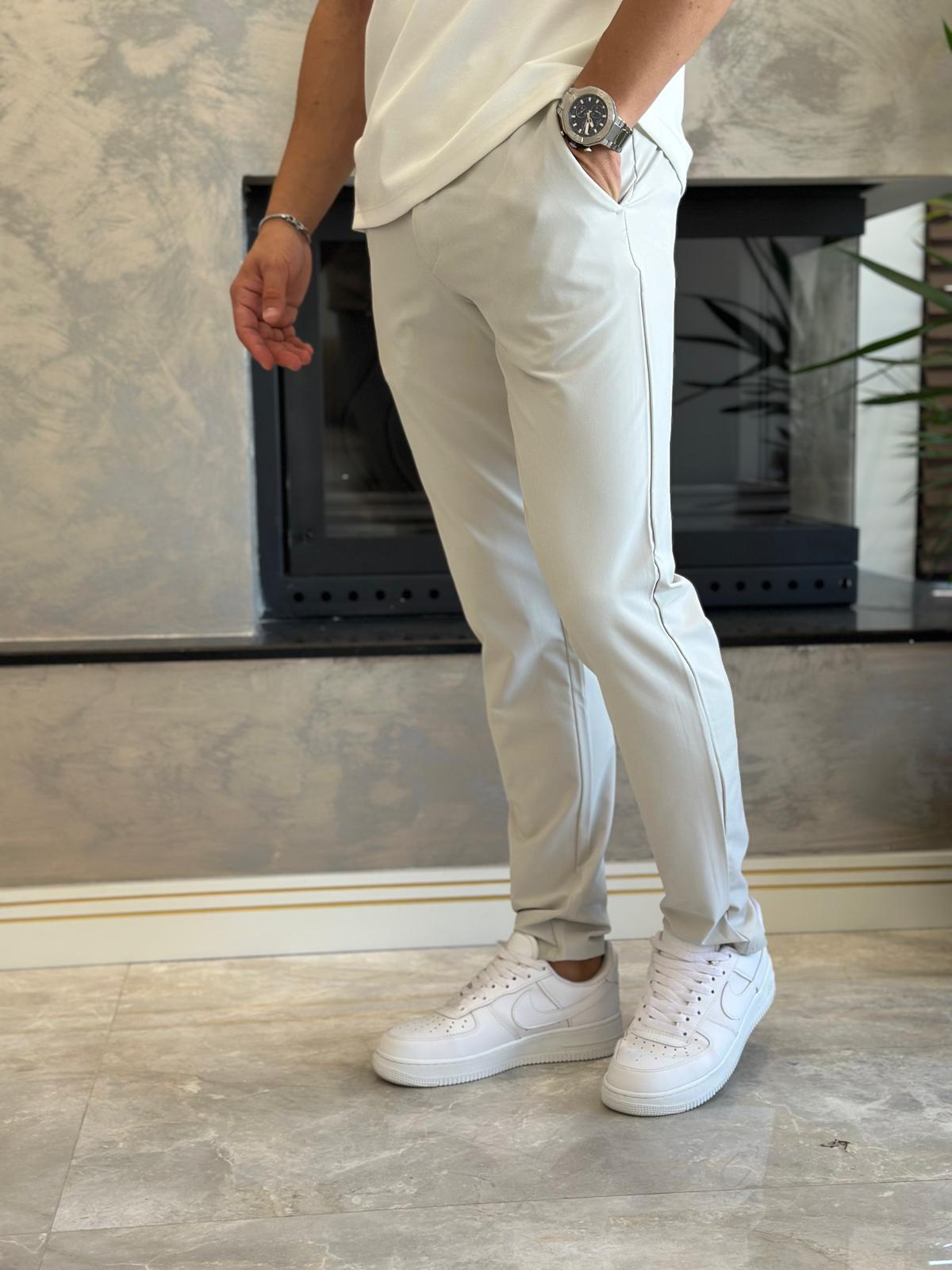 Erkek Slim Fit Kalıp Beli Lastikli  ve Bağcıklı Paraşüt Kumaş Pantolon Gri  Eca041