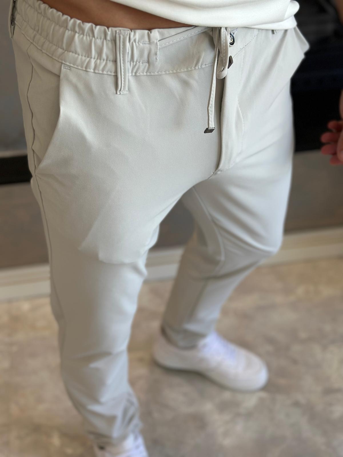 Erkek Slim Fit Kalıp Beli Lastikli  ve Bağcıklı Paraşüt Kumaş Pantolon Gri  Eca041