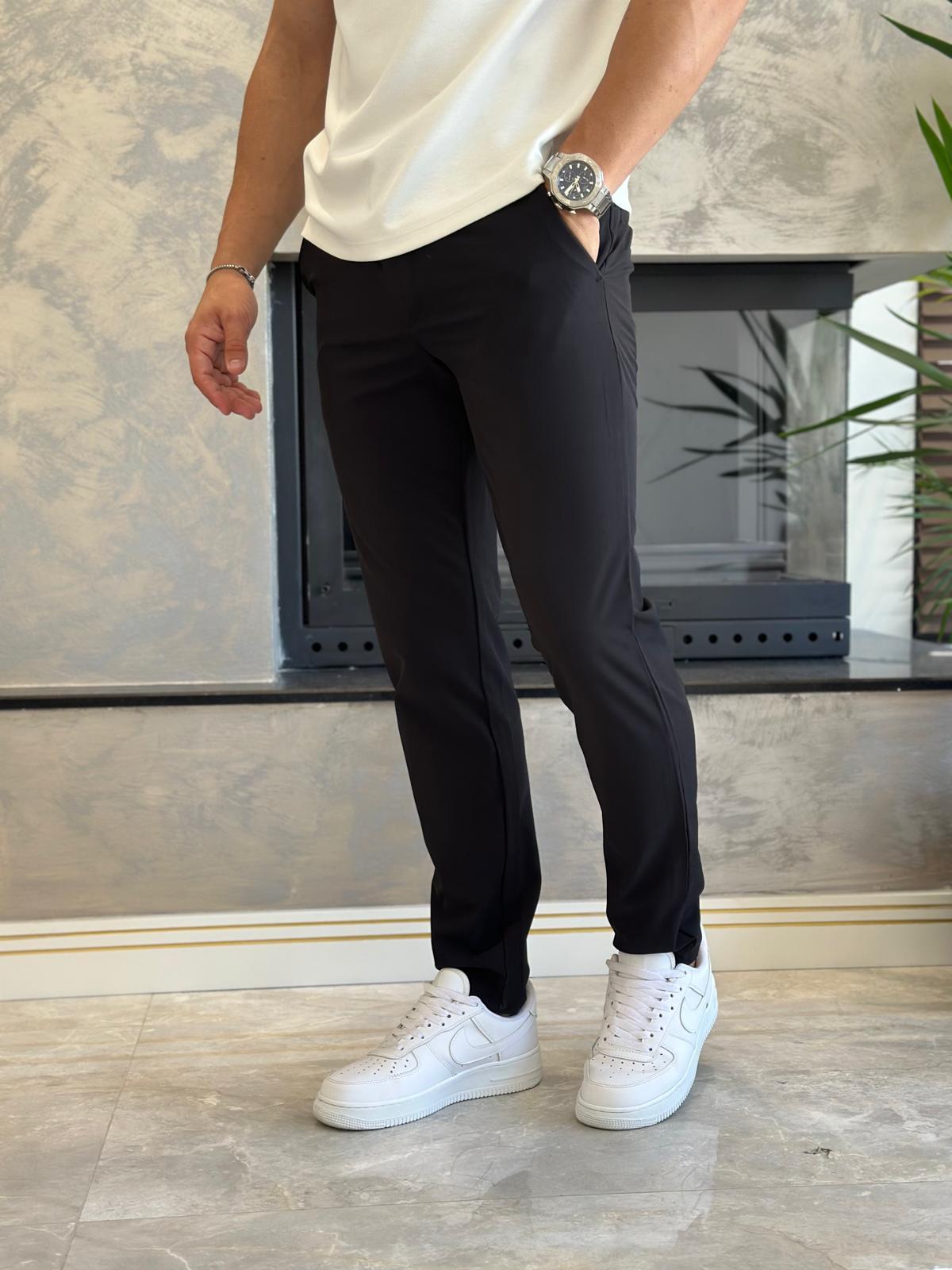Erkek Slim Fit Kalıp Beli Lastikli  ve Bağcıklı Paraşüt Kumaş Pantolon Siyah  Eca041