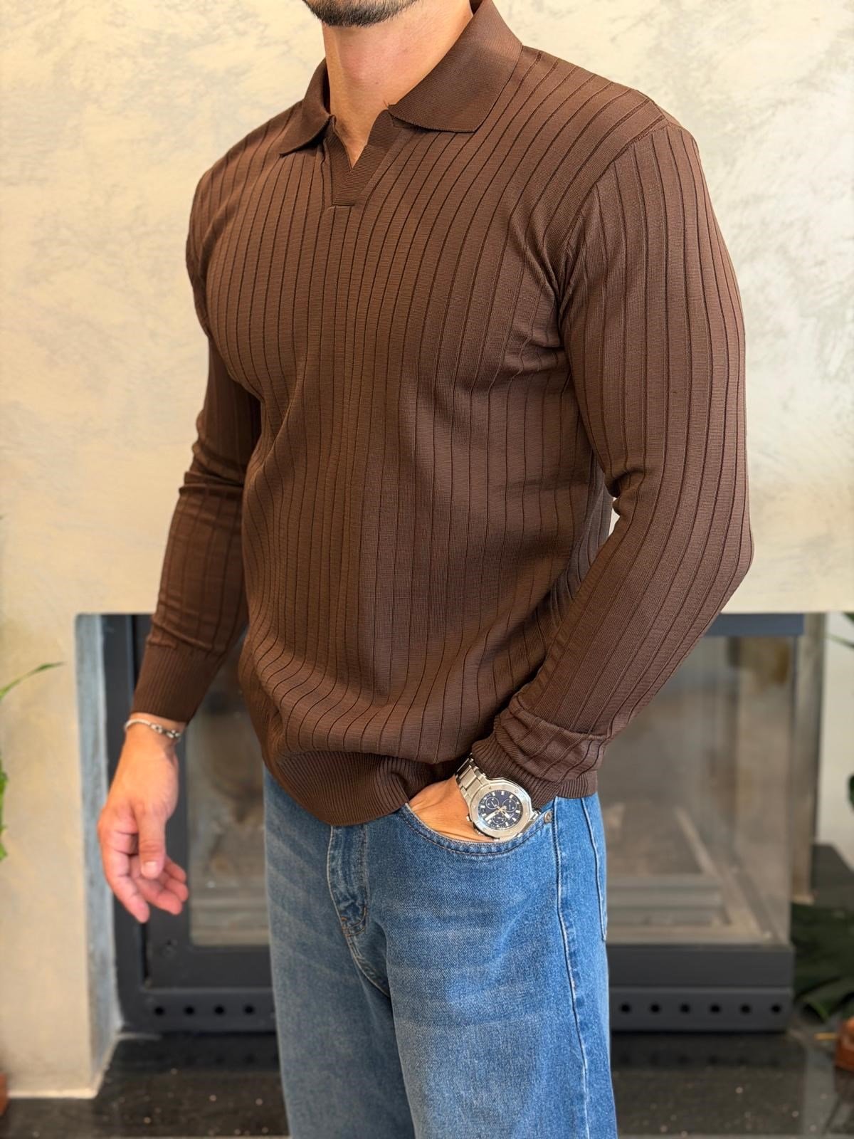 Erkek Slim Fit  Kapamasız Polo Kazak Acı Kahve Eca093