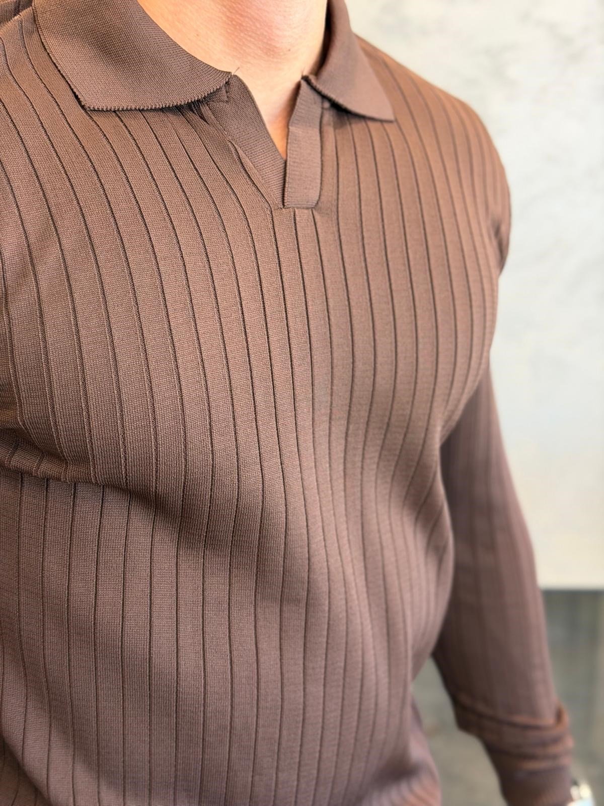 Erkek Slim Fit  Kapamasız Polo Kazak Acı Kahve Eca093