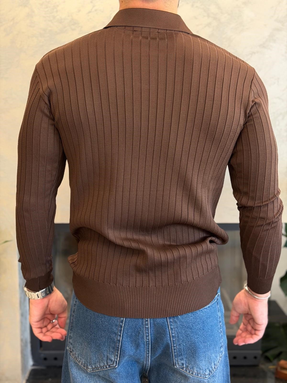 Erkek Slim Fit  Kapamasız Polo Kazak Acı Kahve Eca093